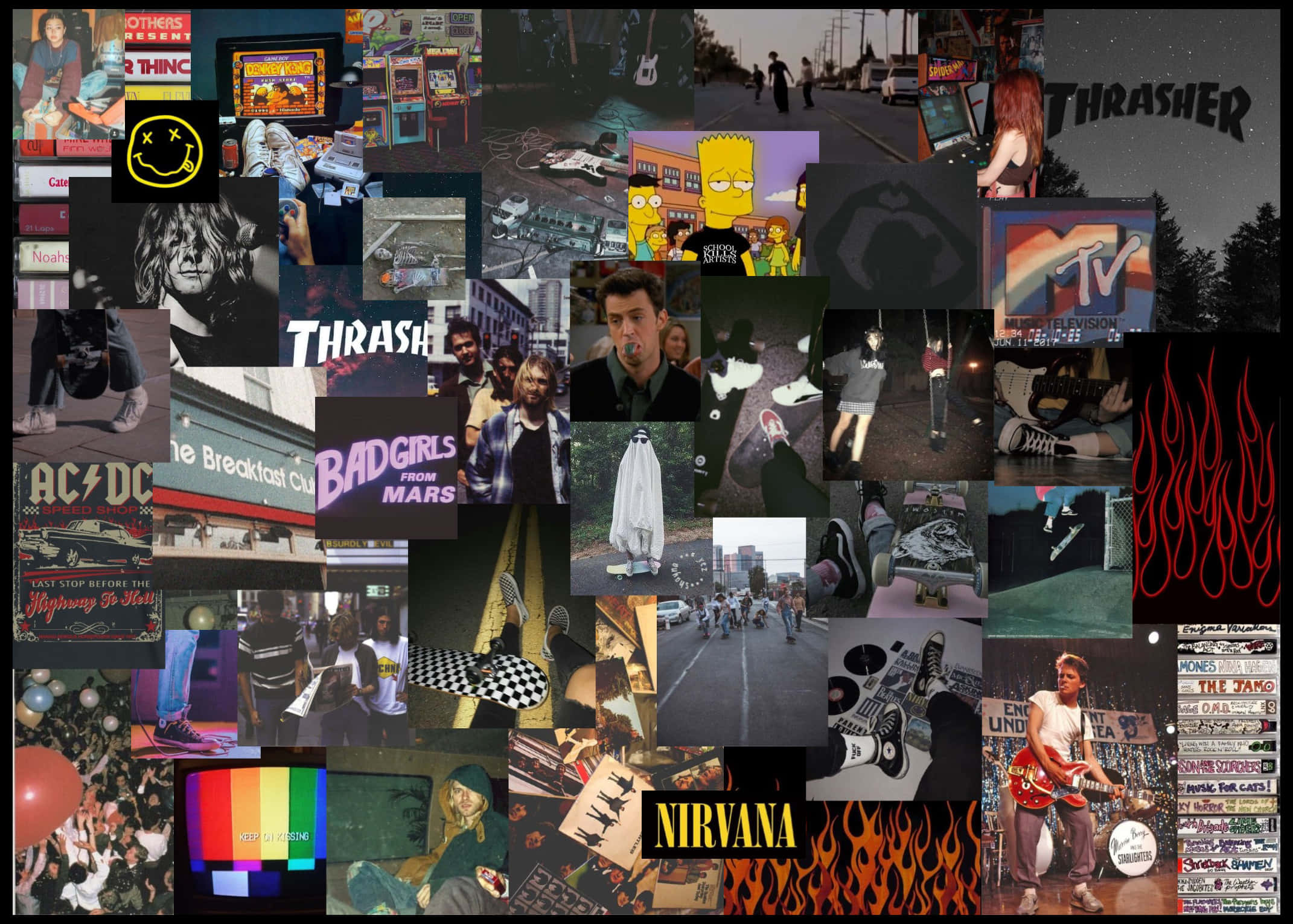 90s Aesthetic Laptop 桌布 壁紙 — 一幅混亂的龐克搖滾拼貼畫，包含 Nirvana、Thrasher、ACDC、滑板、火焰和流行文化圖標。