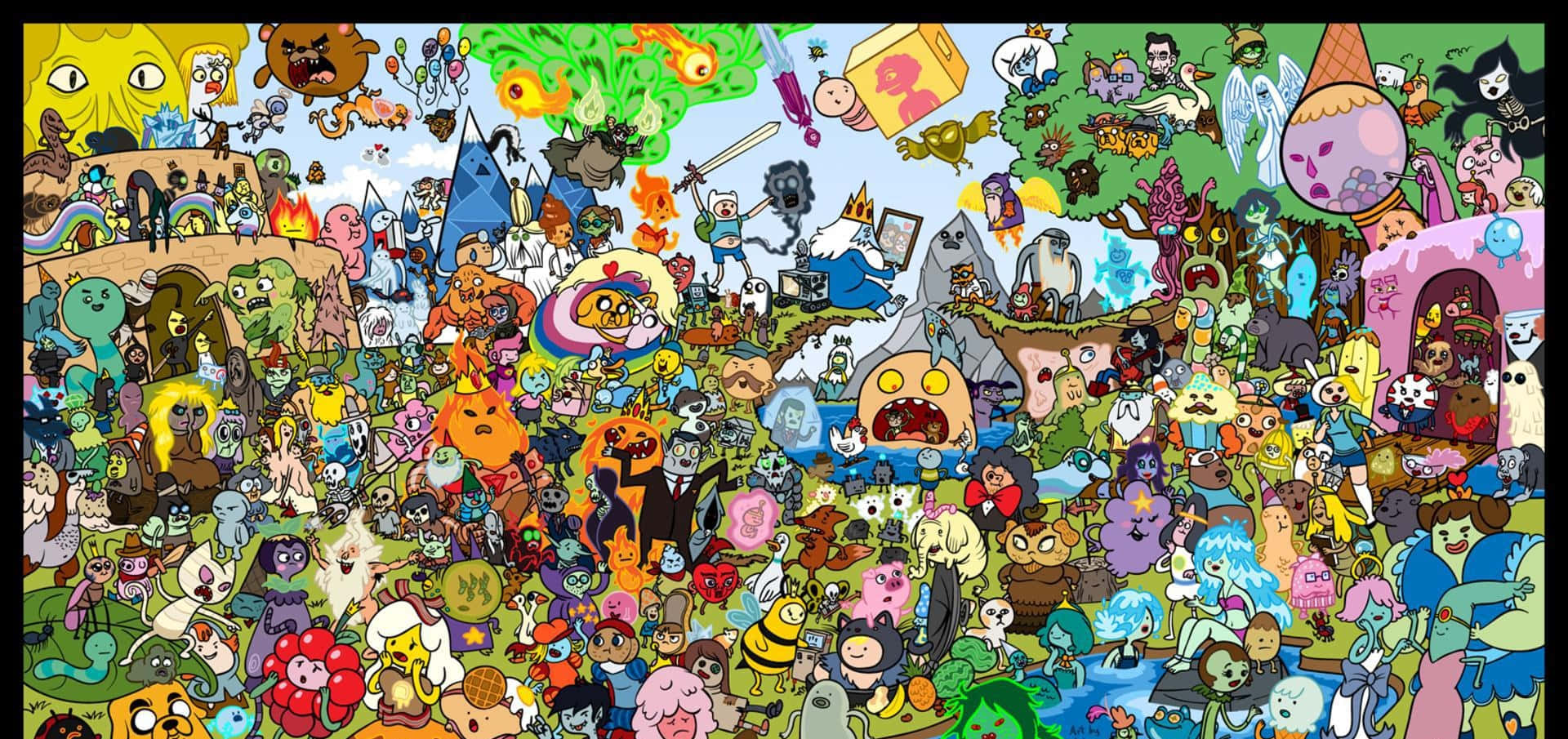 All Cartoon Characters 桌布 壁紙 — 一幅混亂而充滿活力的卡通拼貼畫，充滿了數百個探險活寶角色，置身於密集而奇特的景觀中。