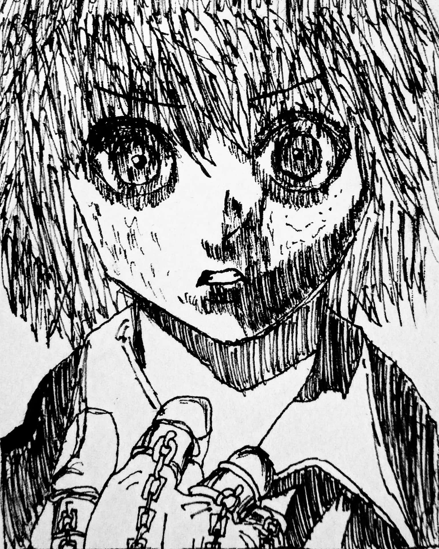獵人 x 獵人 桌布 壁紙 — 一幅清晰的黑白動漫風格素描，描繪一個驚恐的女孩，睜大眼睛、頭髮凌亂，緊緊抓住鎖鏈。