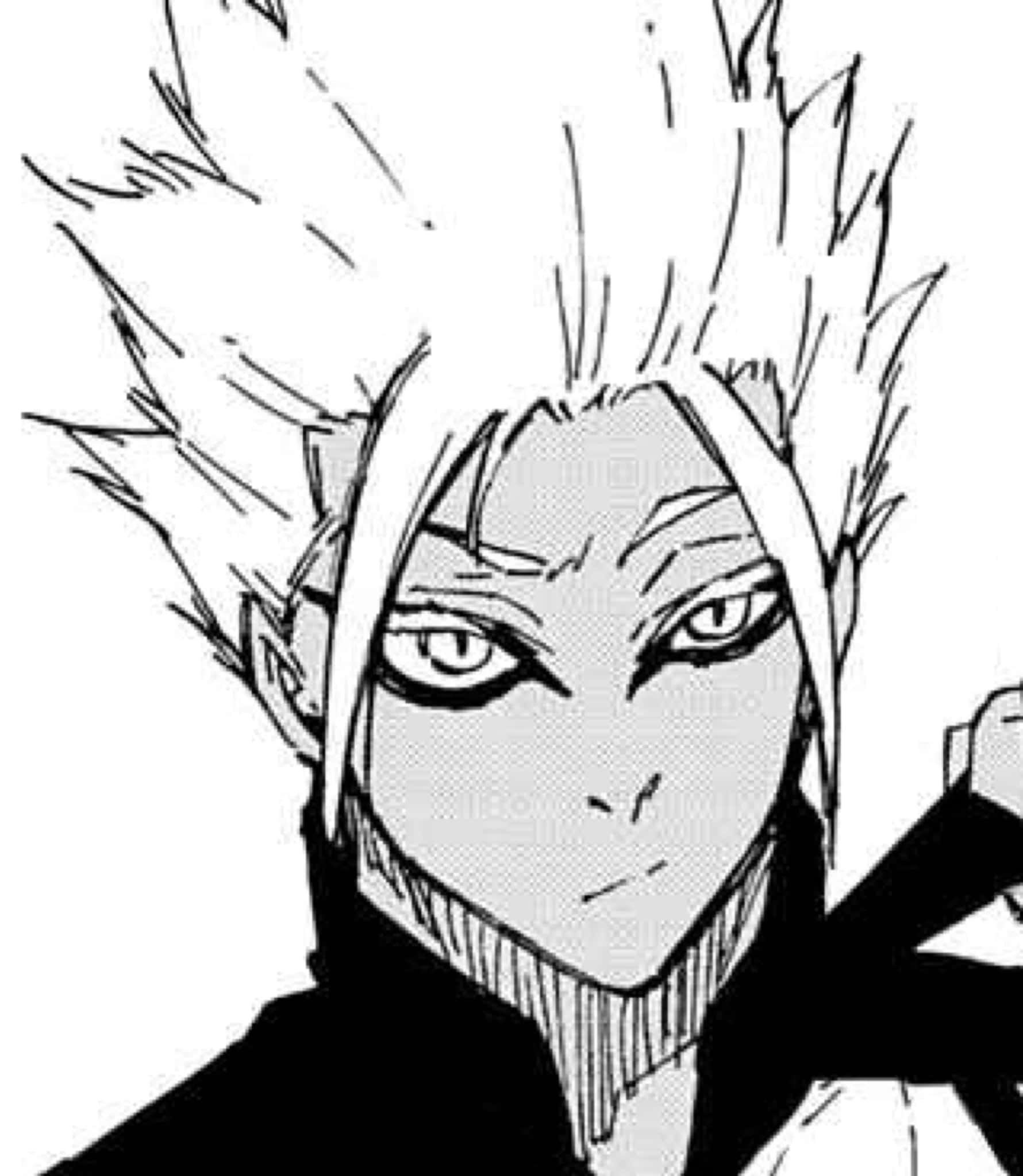 動漫男孩 桌布 壁紙 — 一幅清晰的黑白動畫肖像，描繪一個頭髮尖刺、眼神銳利、表情嚴肅的角色。