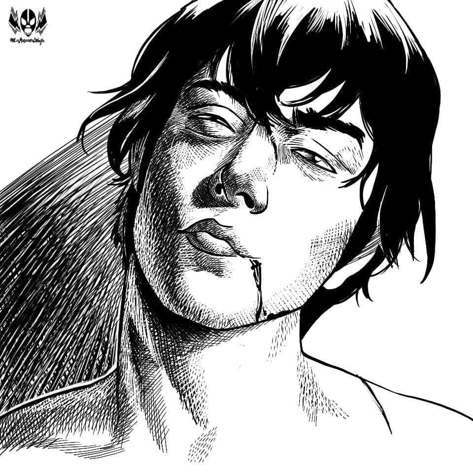 動漫 桌布 壁紙 — 一幅清晰的黑白插圖，描繪一個頭髮凌亂、嘴角流血的人。