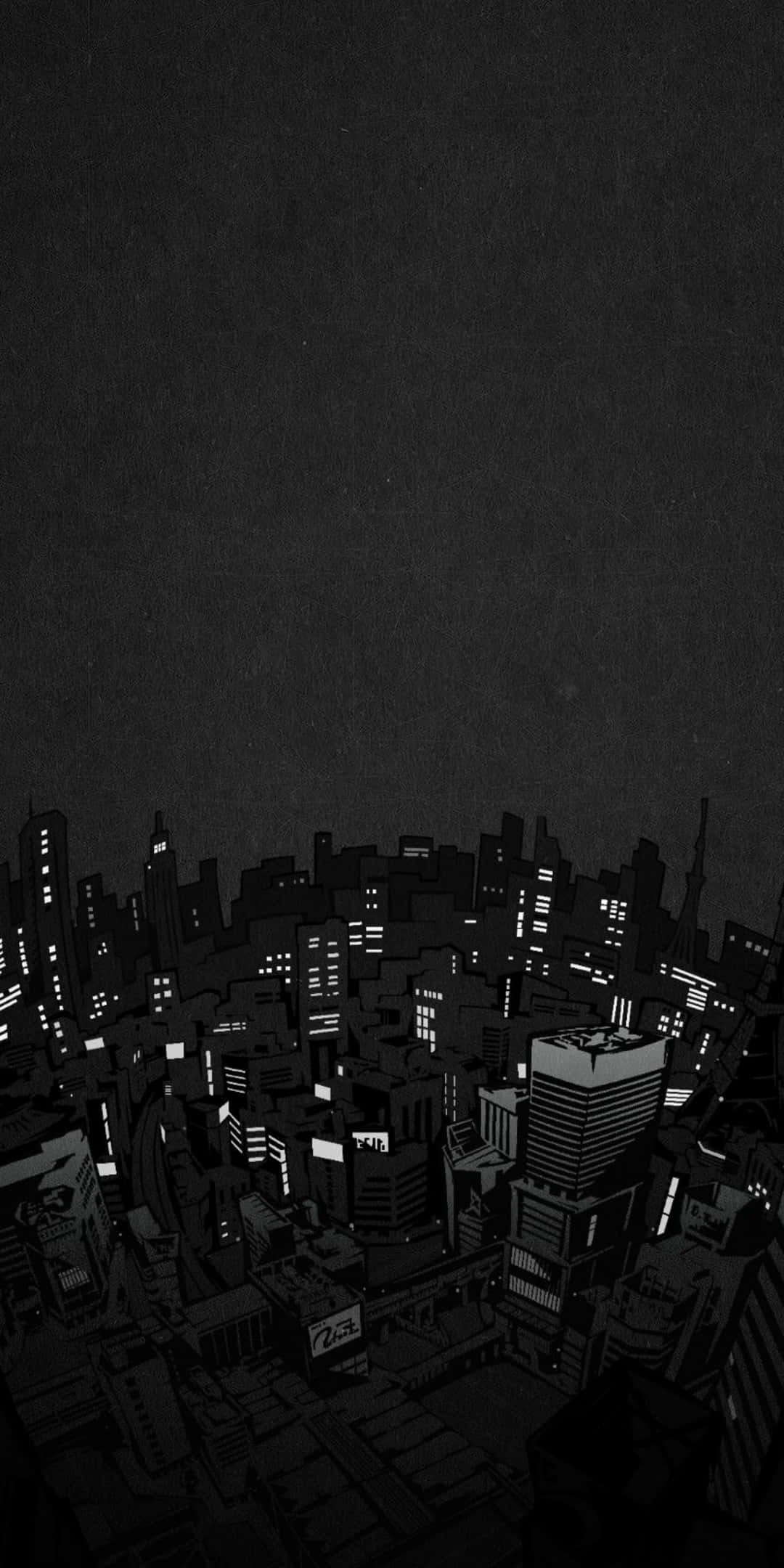 Pixel 3 Minimal 桌布 壁紙 — 一幅清晰的黑白插圖，描繪了夜晚廣闊的城市景觀，發光的窗戶刺穿了黑暗。