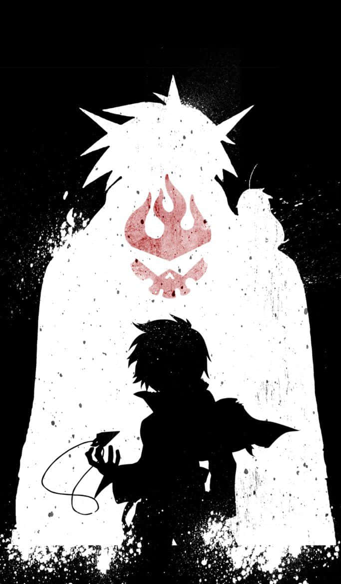 Gurren Lagann Simon 桌布 壁紙 — 一幅清晰的黑白插圖顯示一個孩子的剪影手持裝置，面對一個胸前有火焰標誌的高聳鬼影。