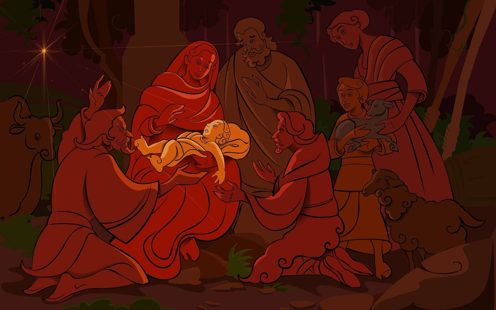 Nativity 桌布 壁紙 — 一幅溫暖照亮的插圖，描繪瑪利亞懷抱嬰兒耶穌，約瑟和敬拜的牧羊人在夜間的森林中圍繞著。