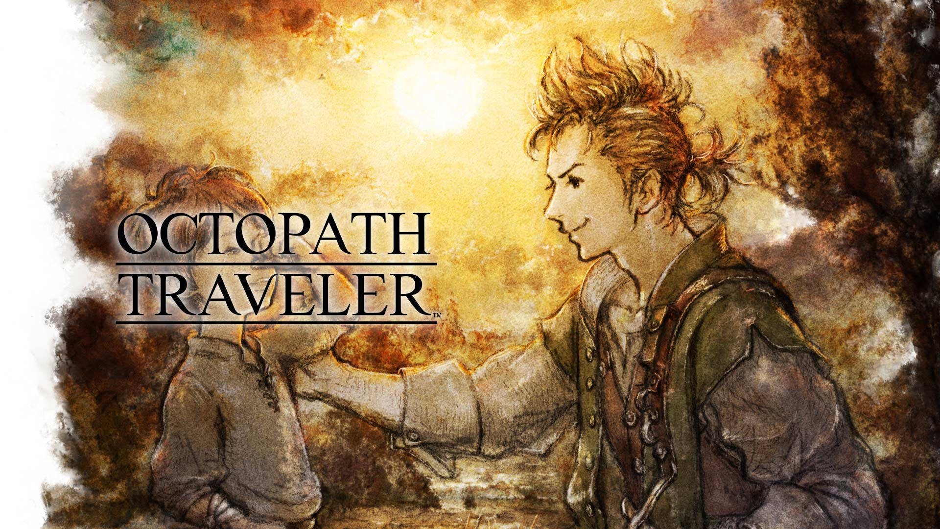 Traveler 桌布 壁紙 — 一幅溫暖照亮的插圖顯示一位年輕旅行者向一個孩子伸出手，背景是金色的天空。