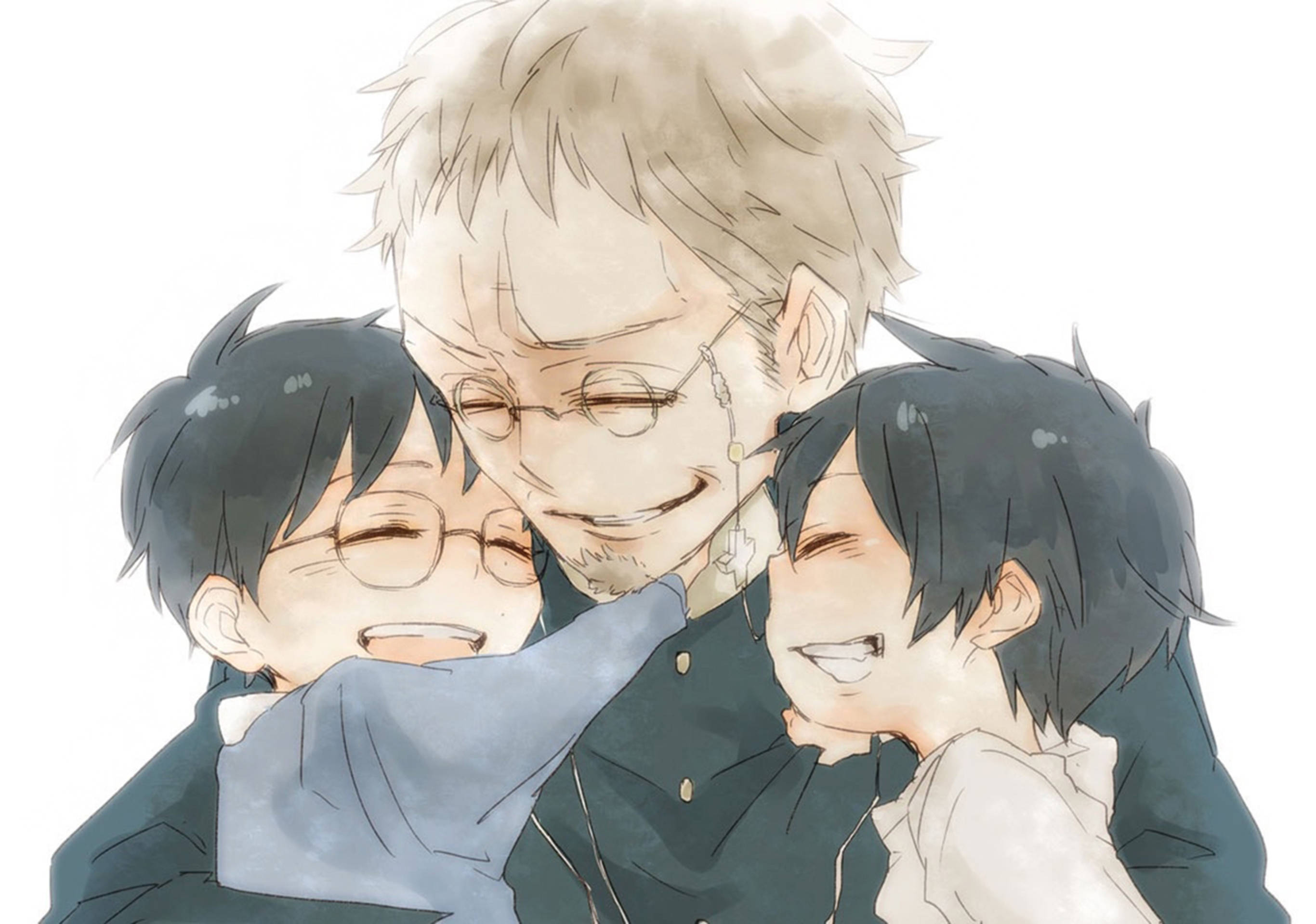 Blue Exorcist 桌布 壁紙 — 一幅溫暖的動漫插圖，描繪一位戴眼鏡的男子在純白背景前擁抱兩個微笑的男孩。