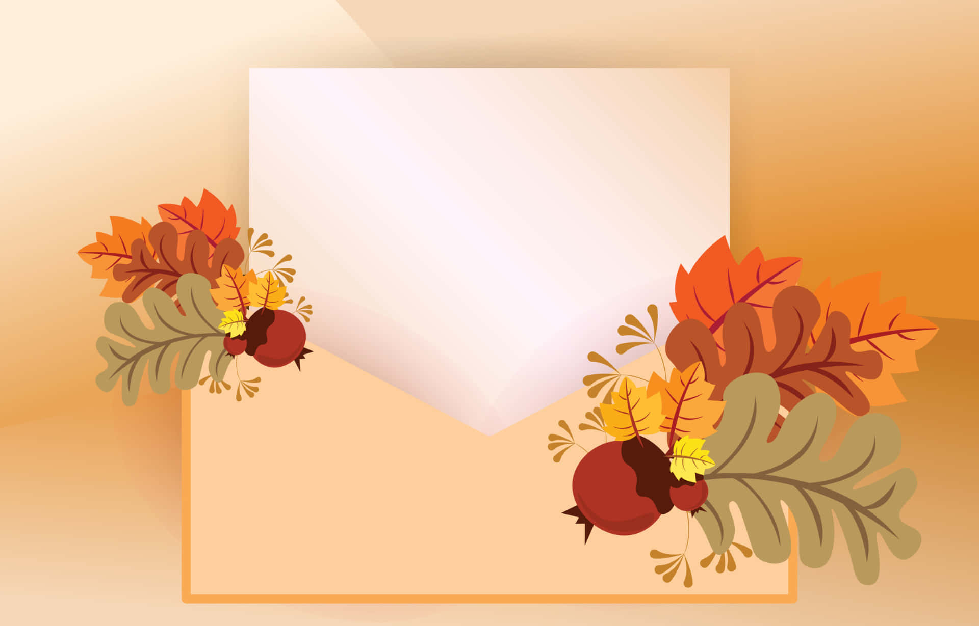 Letter 桌布 壁紙 — 一幅溫暖的秋季主題數位插圖，以鮮豔的橙色和棕色樹葉以及紅色漿果環繞著一張空白白色卡片，背景為柔和的漸變色。