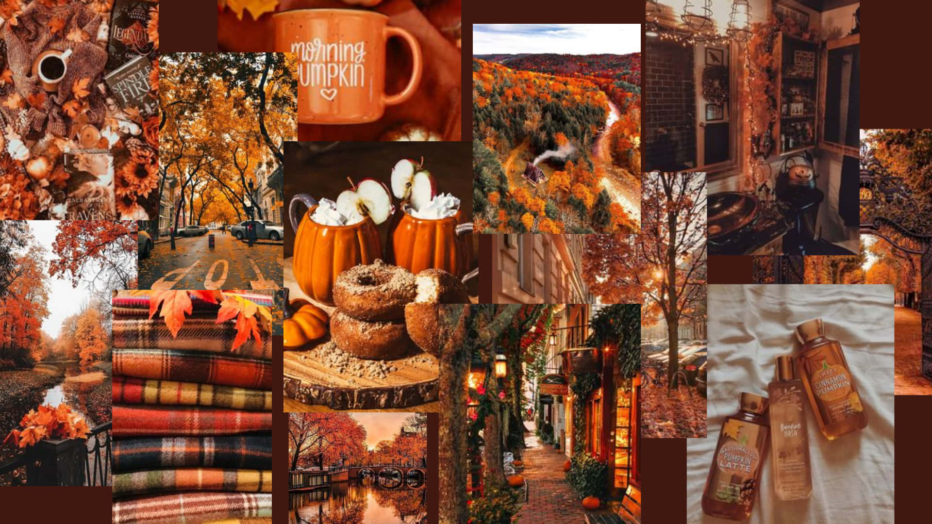 Fall Aesthetic Macbook 桌布 壁紙 — 一幅溫暖的秋季拼貼畫，以南瓜、舒適的毛毯和金色樹葉為特色，在柔和的晚光下。