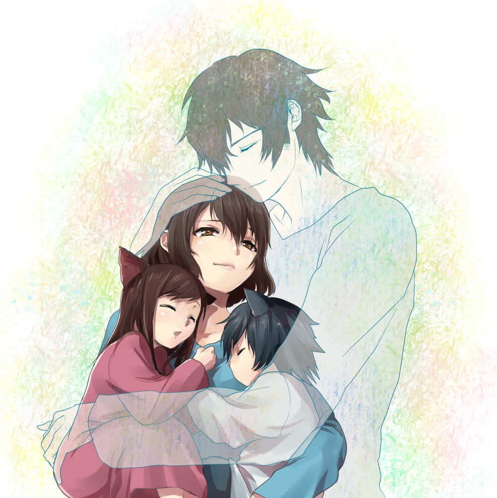 Wolf Children 桌布 壁紙 — 一幅溫柔的動漫插圖，描繪一家三口在柔和粉彩水彩背景中擁抱。