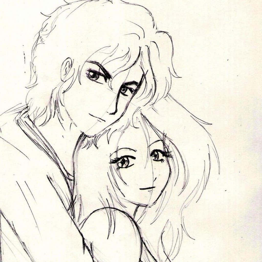 Pencil Drawing 桌布 壁紙 — 一幅溫柔的動漫素描，描繪一名男子從背後擁抱一名女子，頭髮柔順飄逸，表情溫柔。