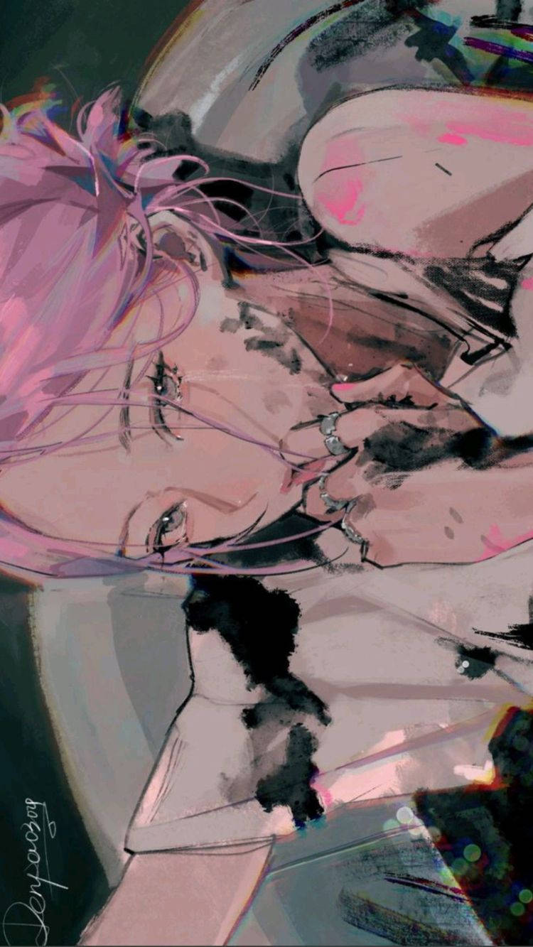 動漫女孩 桌布 壁紙 — 一幅溫柔的動漫風格插圖，描繪一位粉紅色頭髮的人物在柔和親密的時刻輕輕握住另一個人的手。