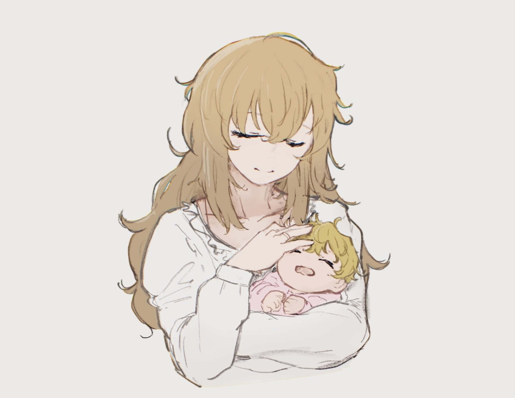 Yuki Amane 桌布 壁紙 — 一幅溫柔的動漫風格插圖，描繪一位長金髮的女性輕輕懷抱著微笑的嬰兒。