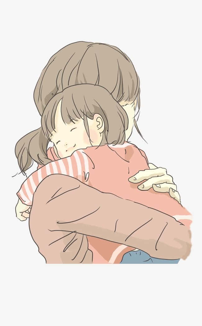 Hugging 桌布 壁紙 — 一幅溫柔的動漫風格插圖，描繪一個孩子閉著眼睛、帶著平靜的微笑從背後擁抱一個成年人。