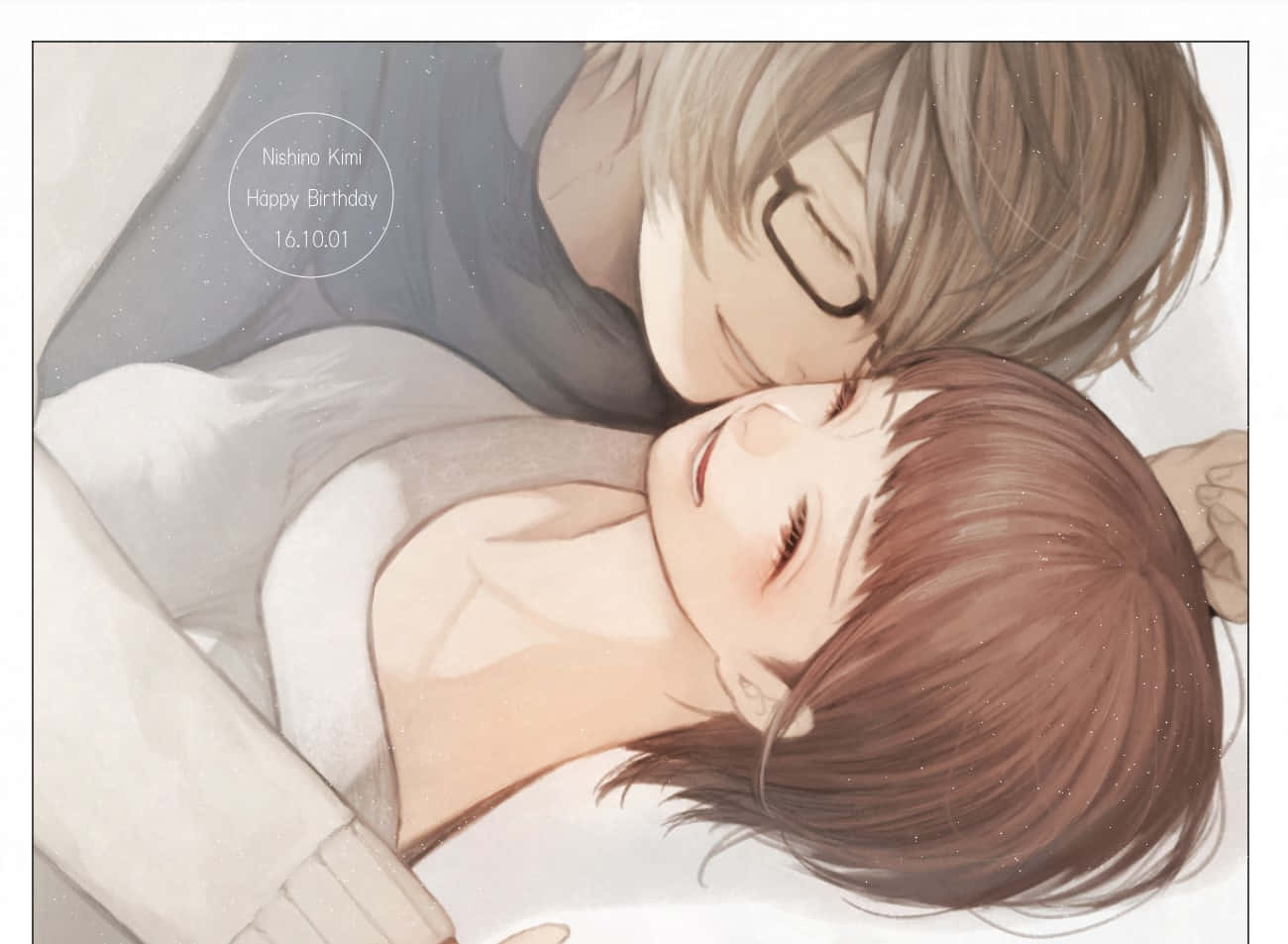 Nishiki Nishio 桌布 壁紙 — 一幅溫柔的動漫風格插圖，描繪一個男孩輕吻躺著的微笑女孩的額頭。