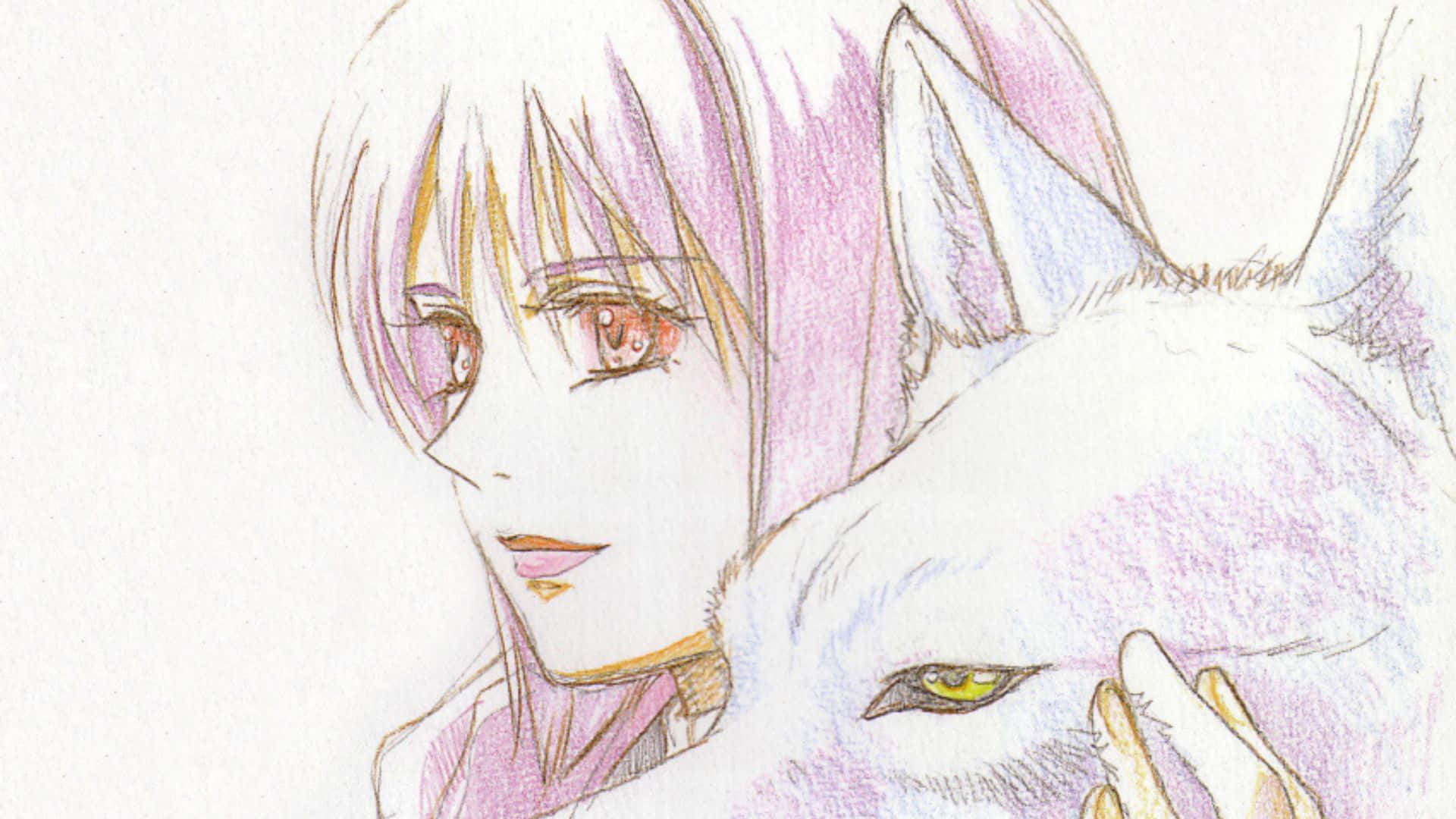 Wolf's Rain Cheza 桌布 壁紙 — 一幅溫柔的動漫風格素描，描繪一位粉髮少女輕觸白狼的頭部，帶有柔和粉彩陰影。