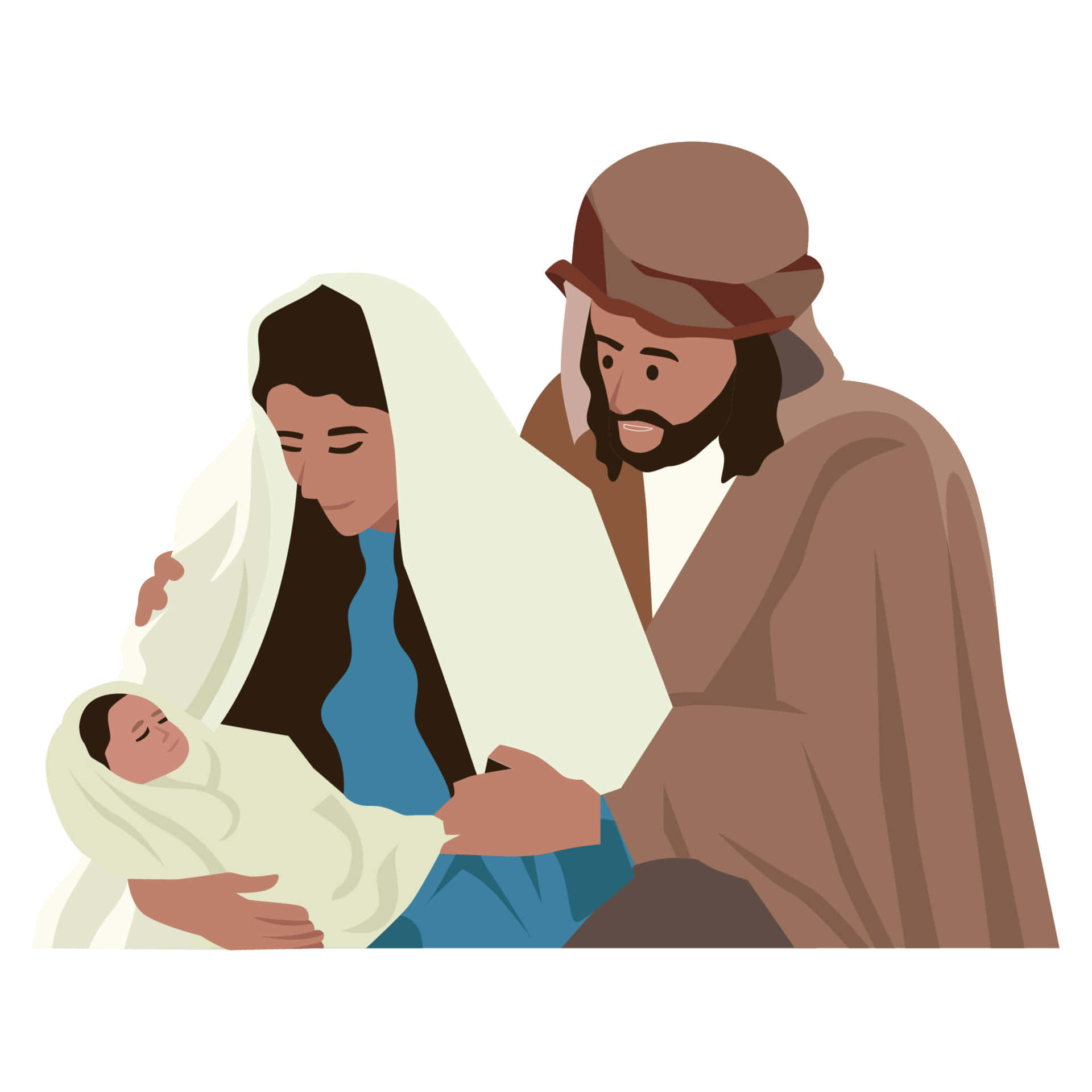 Nativity Scene 桌布 壁紙 — 一幅溫柔的插圖，描繪瑪利亞、約瑟和用白布包裹的嬰兒耶穌在寧靜的時刻。