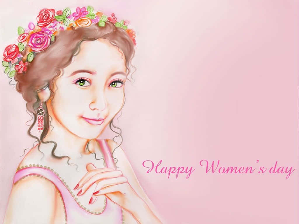 美女 桌布 壁紙 — 一幅溫柔的插畫，描繪一位捲髮女子戴著色彩繽紛的花冠，在柔和的粉紅色背景上輕柔微笑。