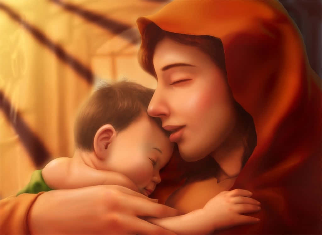 Mother Love 桌布 壁紙 — 一幅溫柔的數位畫作，描繪一位身穿紅色連帽衫的母親，在柔和的金色光芒中輕搖著熟睡的嬰兒。