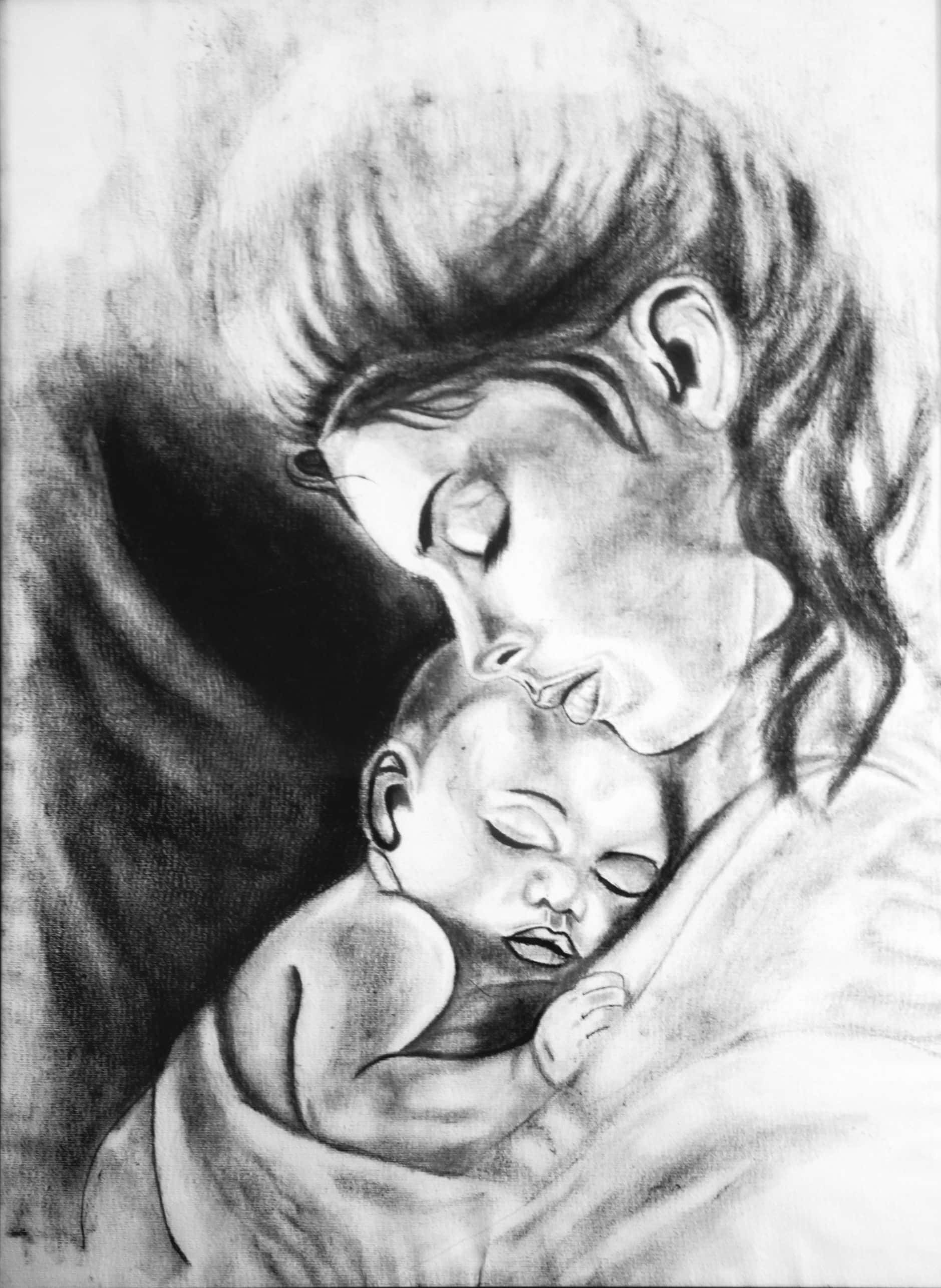 Mother Love 桌布 壁紙 — 一幅溫柔的木炭畫顯示一位母親輕輕地搖晃著她熟睡的嬰兒，懷抱柔軟。