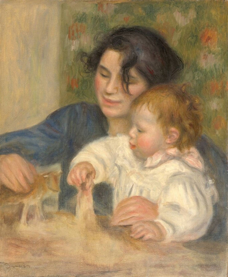 Renoir 桌布 壁紙 — 一幅溫柔的油畫，描繪一位女士和一個孩子在桌上輕輕地與小貓玩耍。
