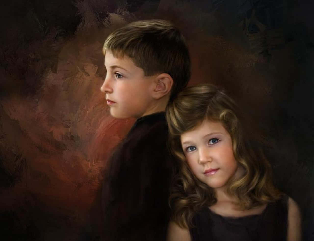 Brother And Sister 桌布 壁紙 — 一幅溫柔的肖像畫，描繪一位年輕男孩和女孩穿著深色服裝，背景是豐富紋理的棕色，光線柔和。