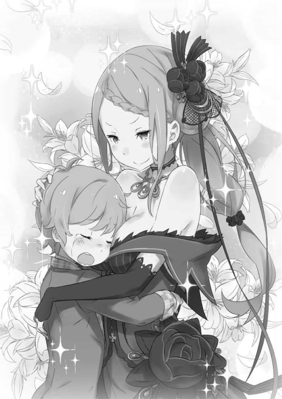 Priscilla Barielle 桌布 壁紙 — 一幅溫柔的黑白動漫插畫，描繪一個女孩輕輕擁抱著一個熟睡的男孩，周圍環繞著花卉圖案和閃爍的星星。