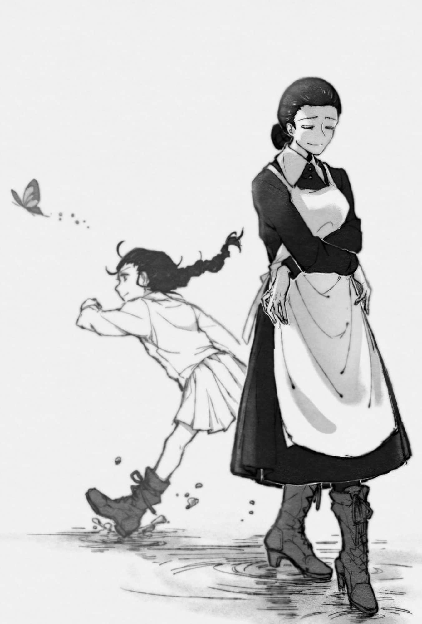 The Promised Neverland Isabella 桌布 壁紙 — 一幅溫柔的黑白插圖，描繪一位穿著圍裙的女士看著一個孩子在水中嬉戲，附近有一隻蝴蝶飛舞。
