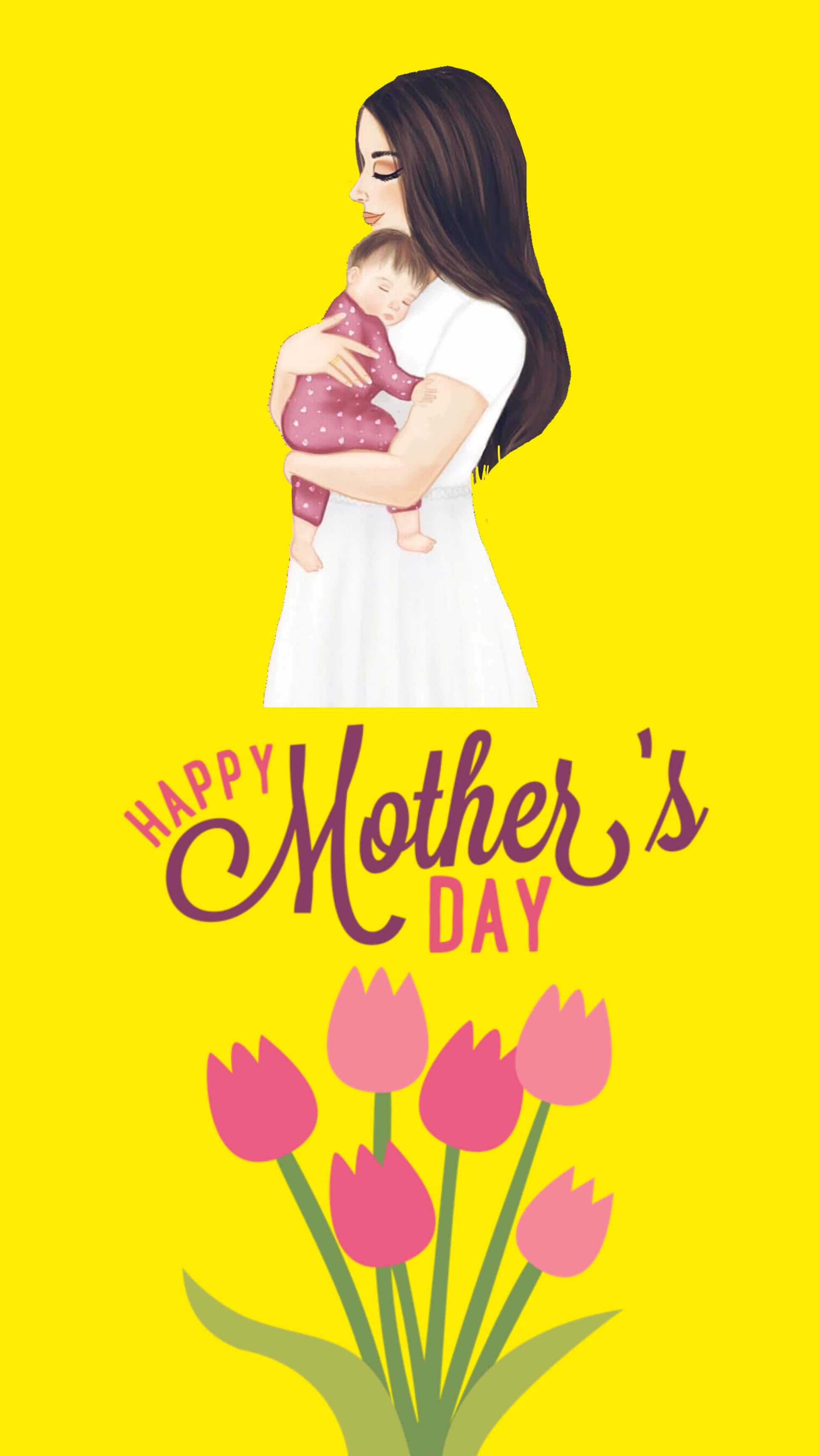 happy mother's day 桌布 壁紙 — 一幅溫馨插圖，描繪母親懷抱熟睡嬰兒，背景為亮黃色，配有粉紅鬱金香和「Happy Mother's Day」文字。