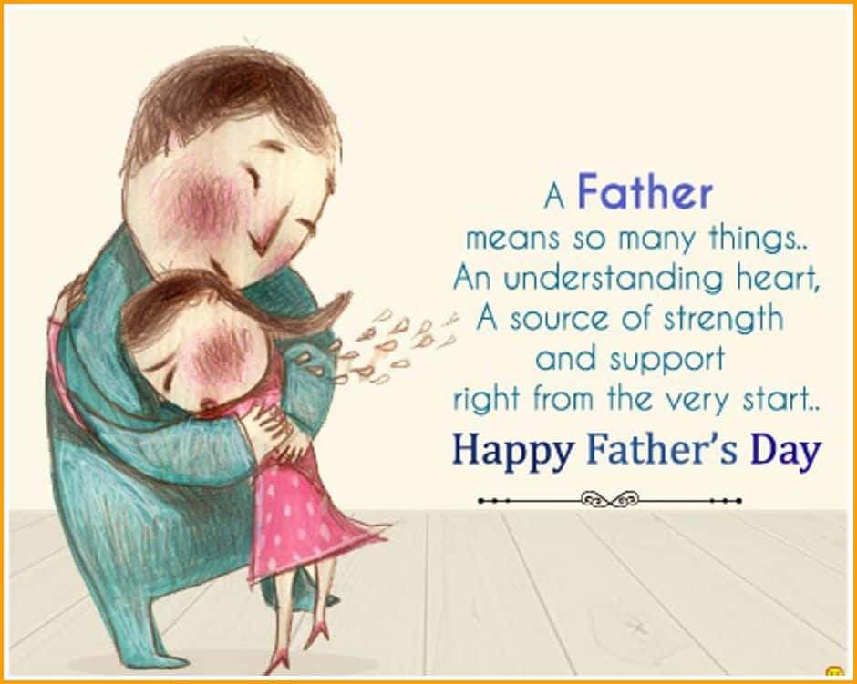 Fathers Day 桌布 壁紙 — 一幅溫馨的插圖，描繪父親擁抱女兒，心形圖案在他們周圍飄浮，文字慶祝父親節。