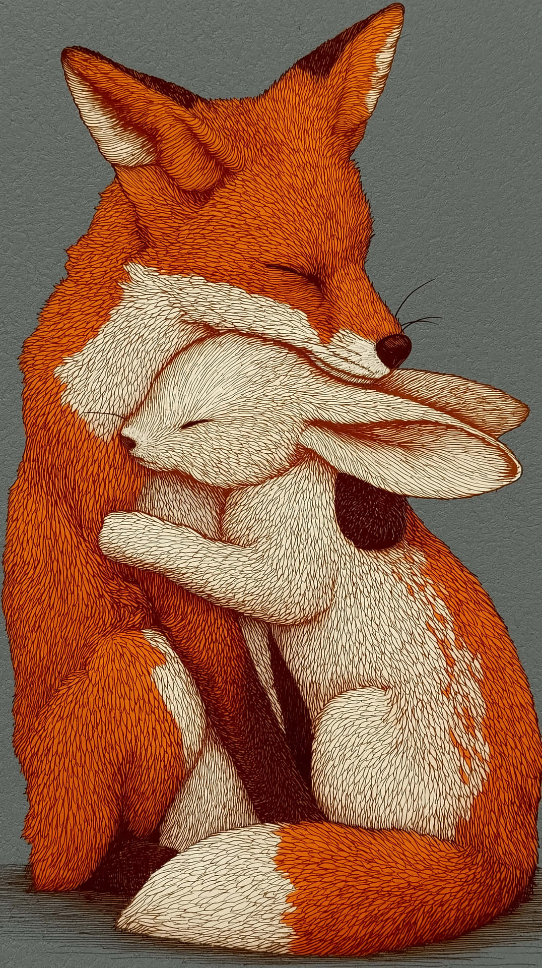Intricate Line Art of Fox and Bunny in Loving Embrace 壁紙 — 一幅溫馨的插圖，狐狸懷抱兔子，在柔和的灰色背景上溫暖擁抱。