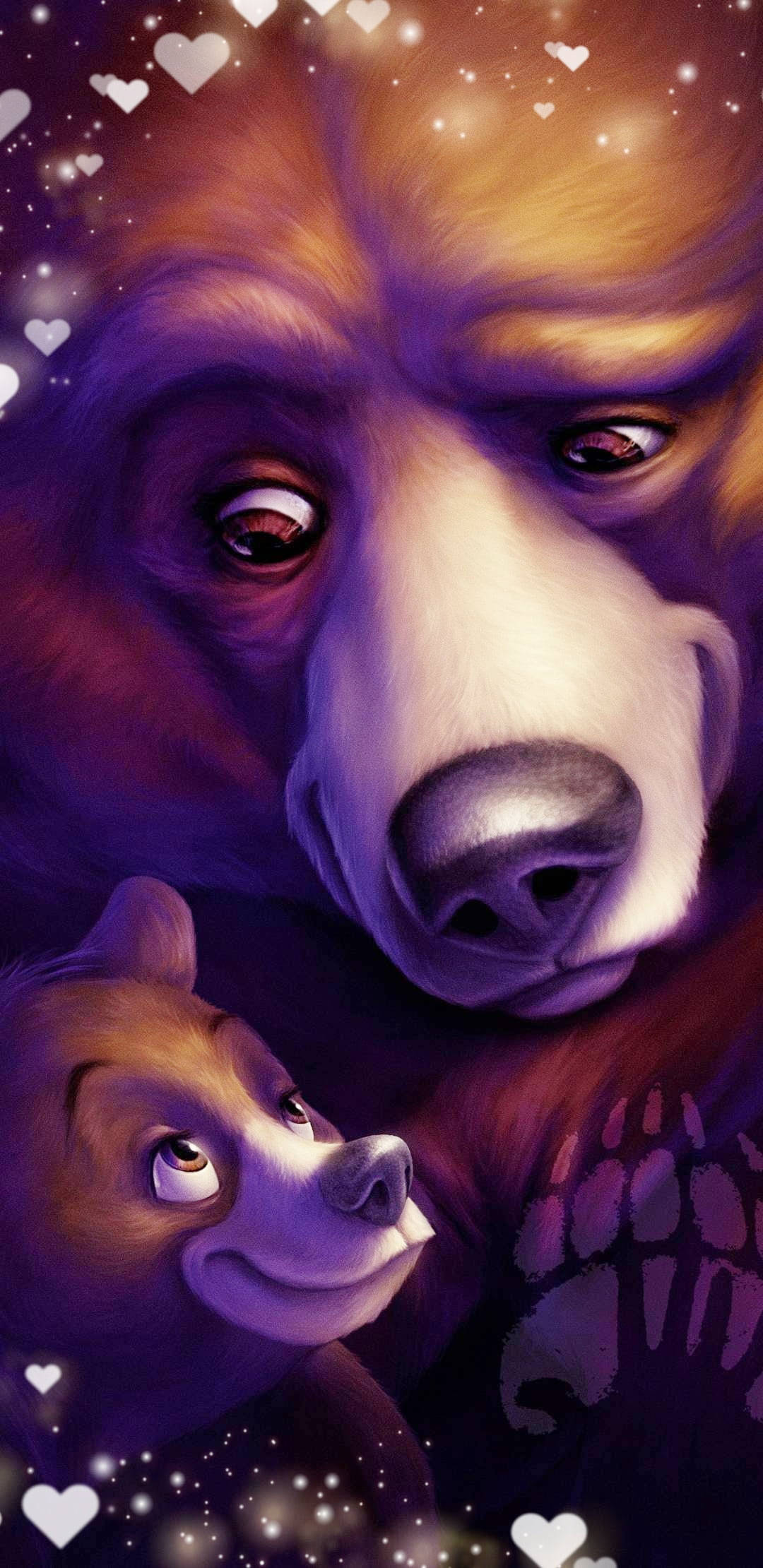 Brother 桌布 壁紙 — 一幅溫馨的數位插圖，描繪一隻大熊和一隻小熊寶寶在閃爍的紫色背景上，互相凝視，周圍漂浮著心形圖案。