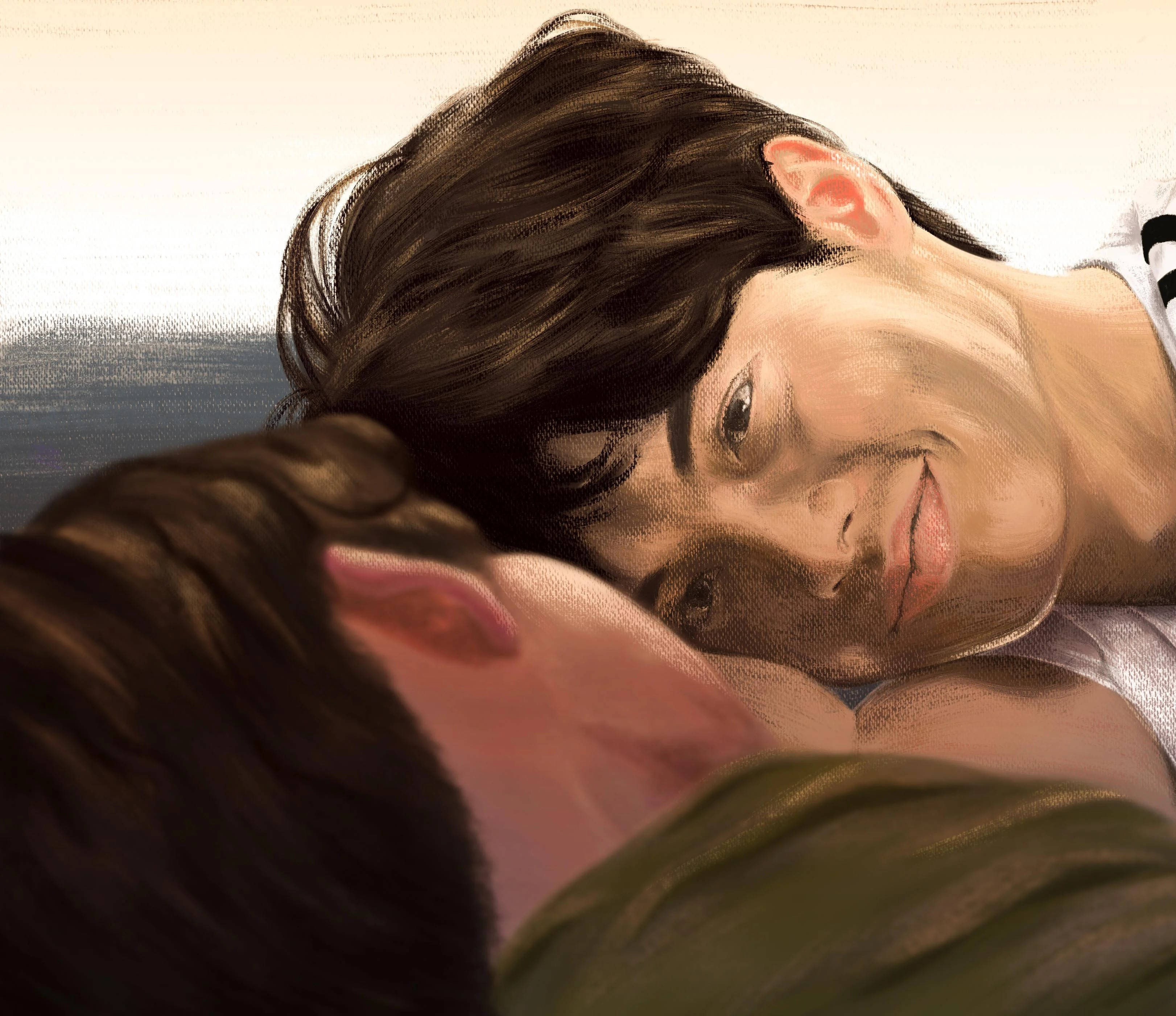 Painting 桌布 壁紙 — 一幅溫馨的數位插畫，描繪兩個人在柔和光線和溫暖色調中擁抱。