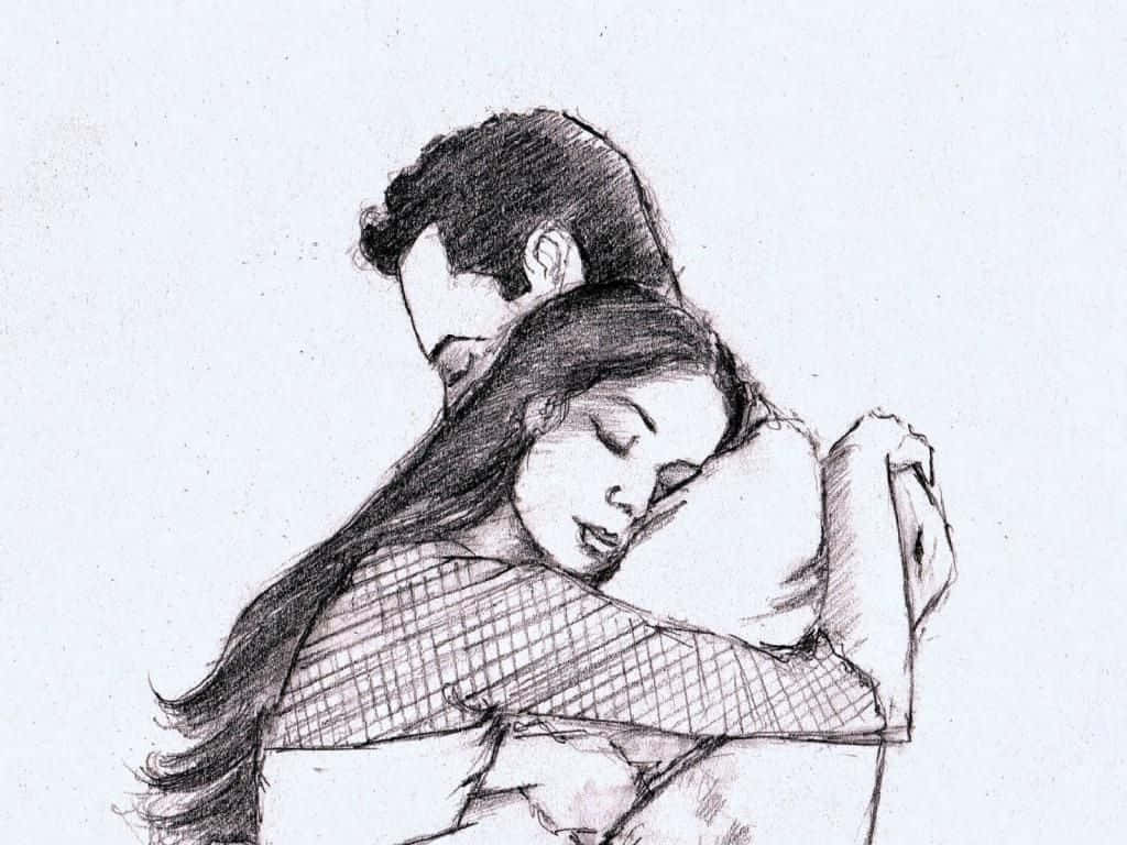Pencil Drawing 桌布 壁紙 — 一幅溫馨的鉛筆素描，描繪一對情侶擁抱，女士將頭靠在男士的肩膀上。