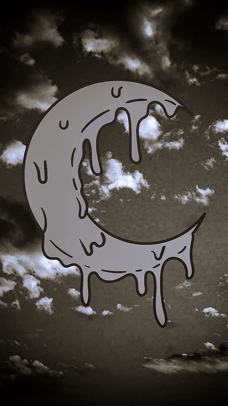 Goth Aesthetic Black 桌布 壁紙 — 一幅滴落的新月插圖，在單色調的陰沉多雲天空中漂浮。