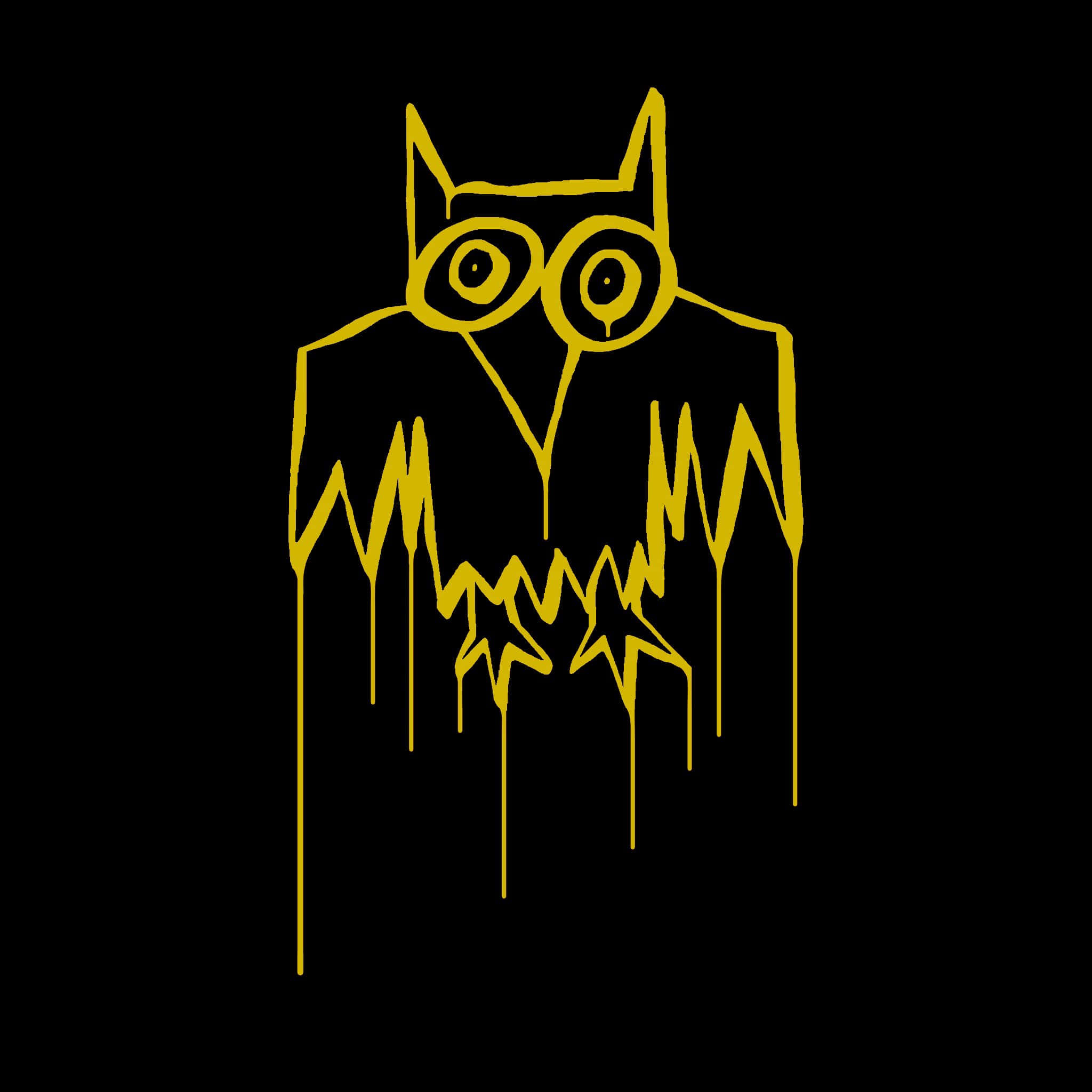 Ovoxo 桌布 壁紙 — 一幅滴落的黃色貓頭鷹插圖，帶有星形嘴巴，背景為純黑色。