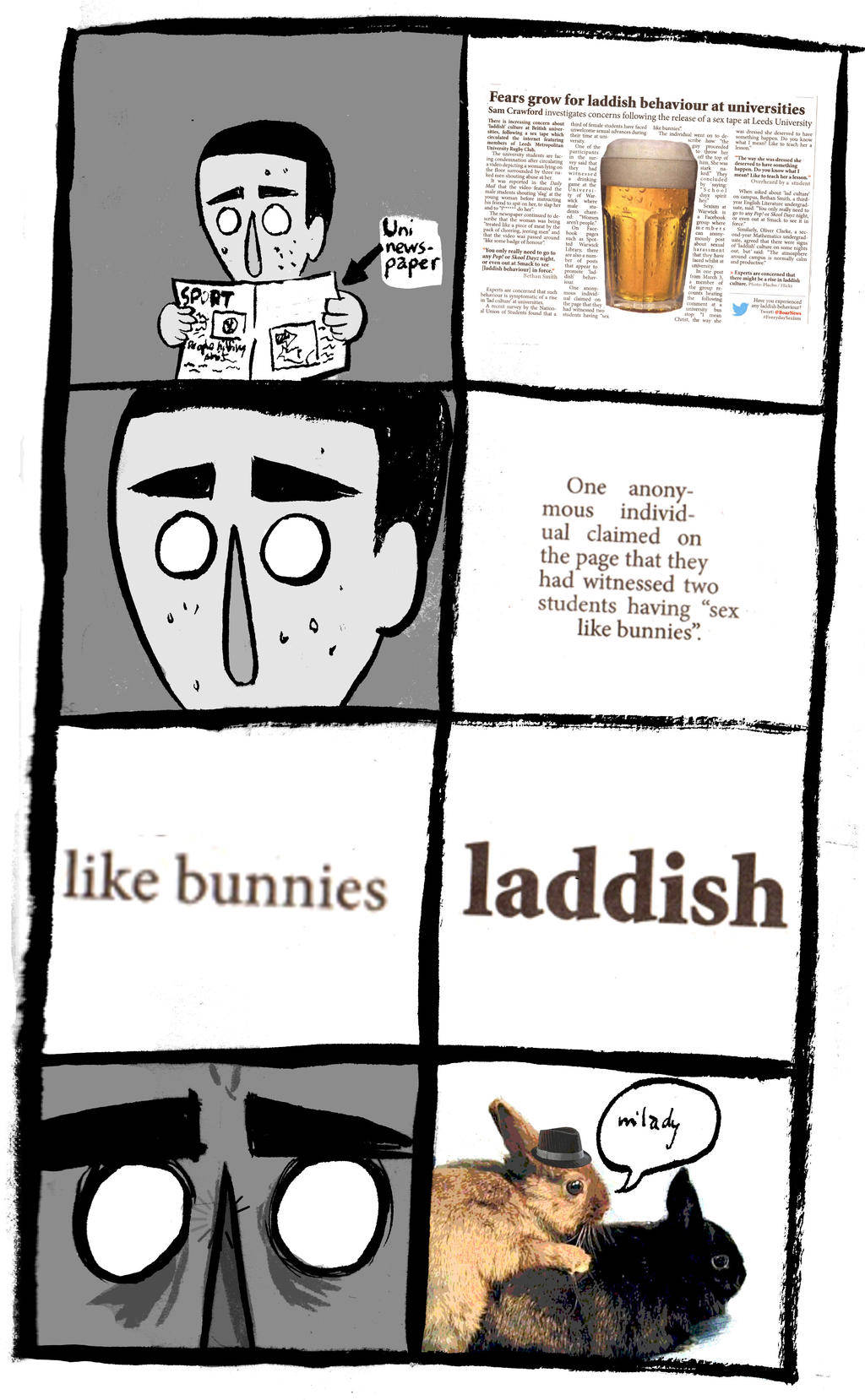 Cartoon 桌布 壁紙 — 一幅漫畫，描繪一名學生正在閱讀一份關於「laddish」行為的報紙，帶有兔子主題的標題和兩隻戴帽子的兔子。