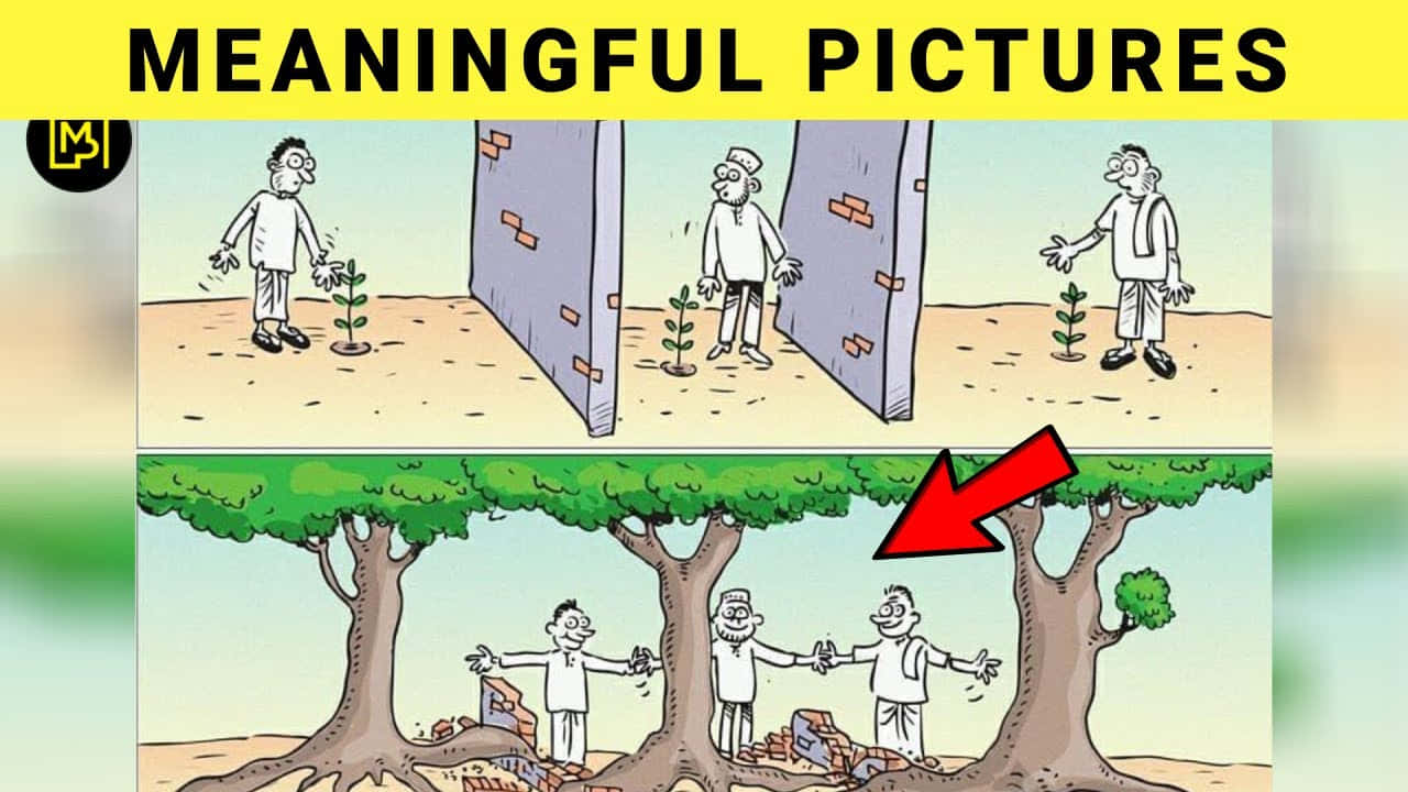 Meaningful 桌布 壁紙 — 一幅漫畫描繪三個男人種植樹苗，樹苗長成樹冠，揭示它們由磚塊連接的隱藏根部。