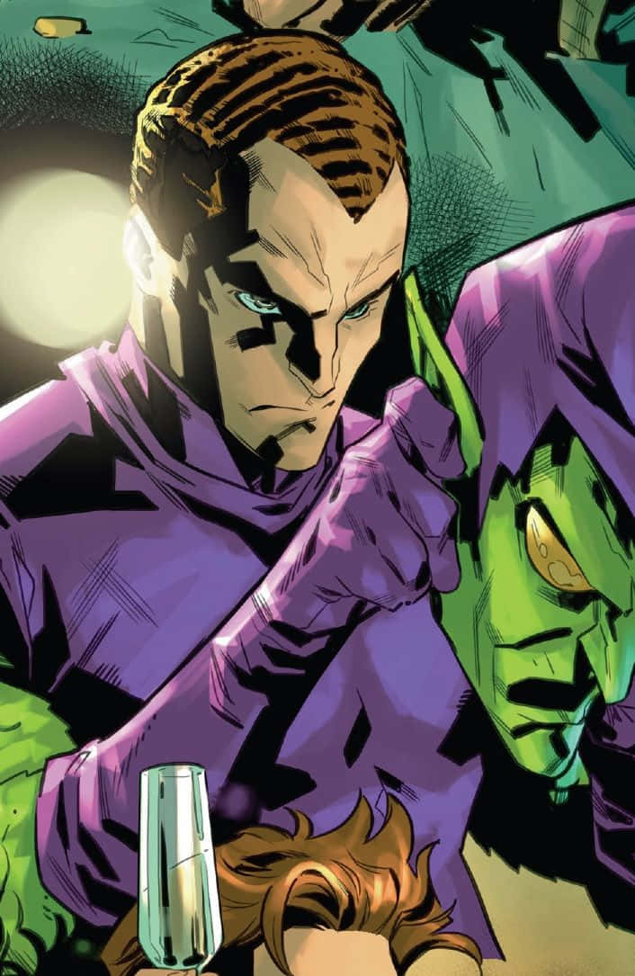 Harry Osborn 桌布 壁紙 — 一幅漫畫插圖，描繪一個穿著紫色長袍的嚴肅男子手持玻璃杯，旁邊有一個綠色皮膚的身影隱約出現。