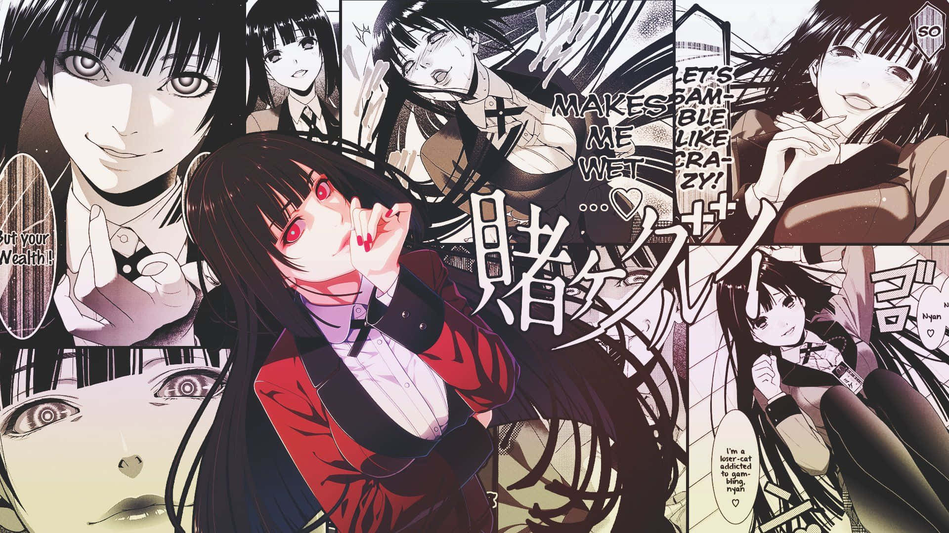 Kakegurui 桌布 壁紙 — 一幅漫畫面板拼貼畫， featuring 表情強烈的動漫女孩和粗體文字疊加，採用戲劇性的黑白和紅色配色方案。
