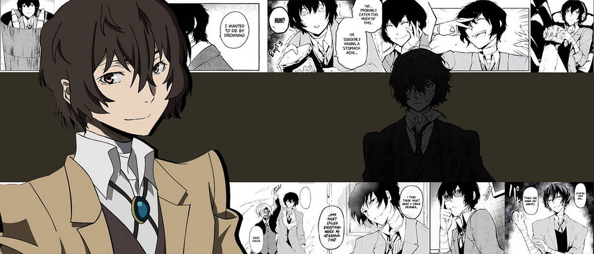 Dazai 桌布 壁紙 — 一幅漫畫面板拼貼畫，主角是一位身穿米色西裝、佩戴藍色吊墜的年輕男子，周圍環繞著富有表現力的黑白漫畫條。
