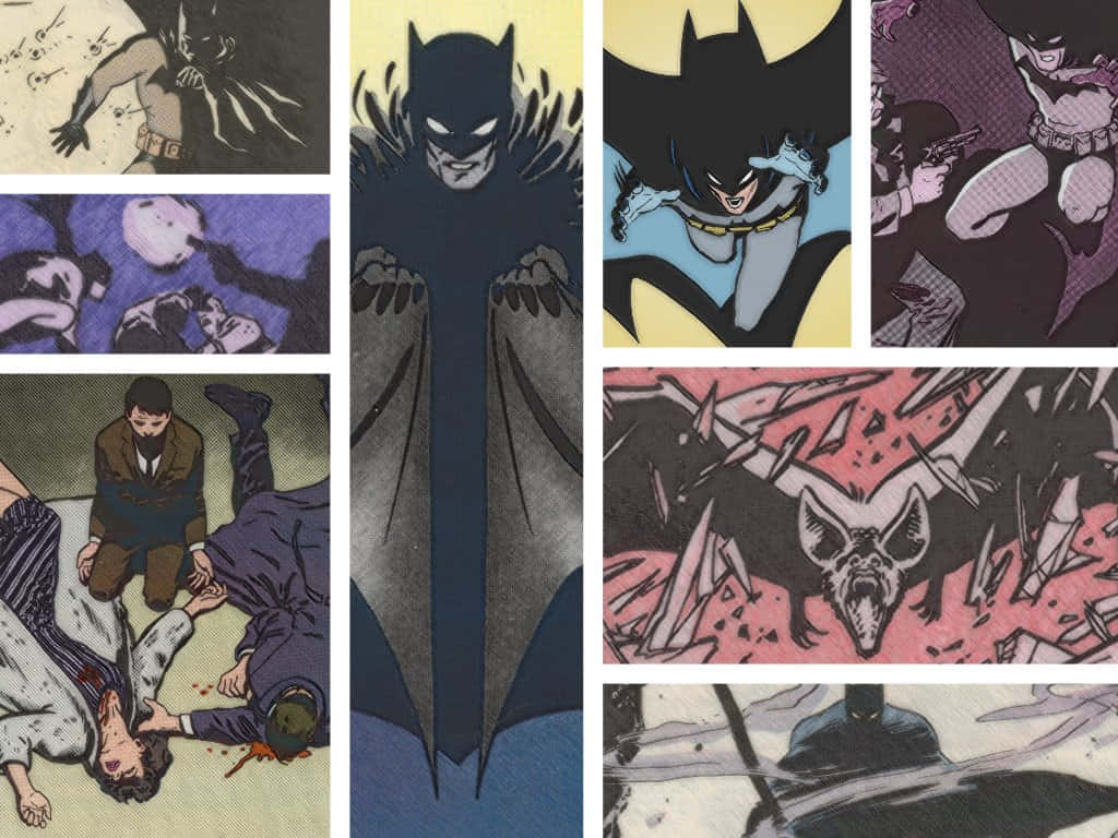 Batman Year One 桌布 壁紙 — 一幅漫畫面板拼貼畫，以黑暗粗獷的藝術風格呈現蝙蝠俠各種戲劇性姿勢和動作場景。