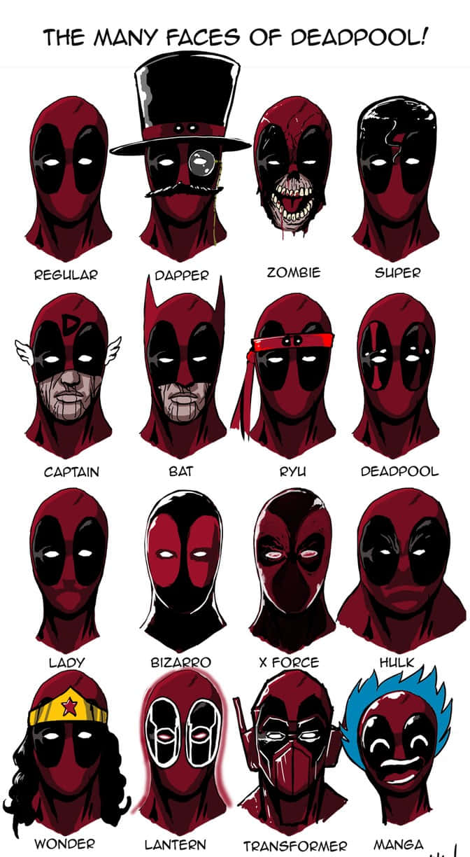 Deadpool Art 桌布 壁紙 — 一幅漫畫風格插圖，展示死侍在不同服裝和表情下的多個面具面孔。