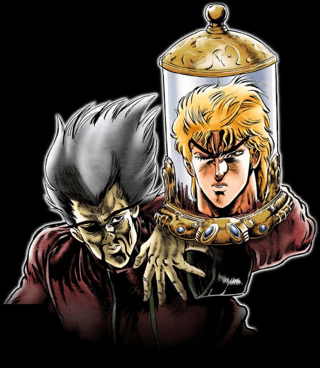Dio 桌布 壁紙 — 一幅漫畫風格插圖，描繪一個灰白頭髮的男人手持一個玻璃罐，裡面裝著一個表情強烈的金髮男人。