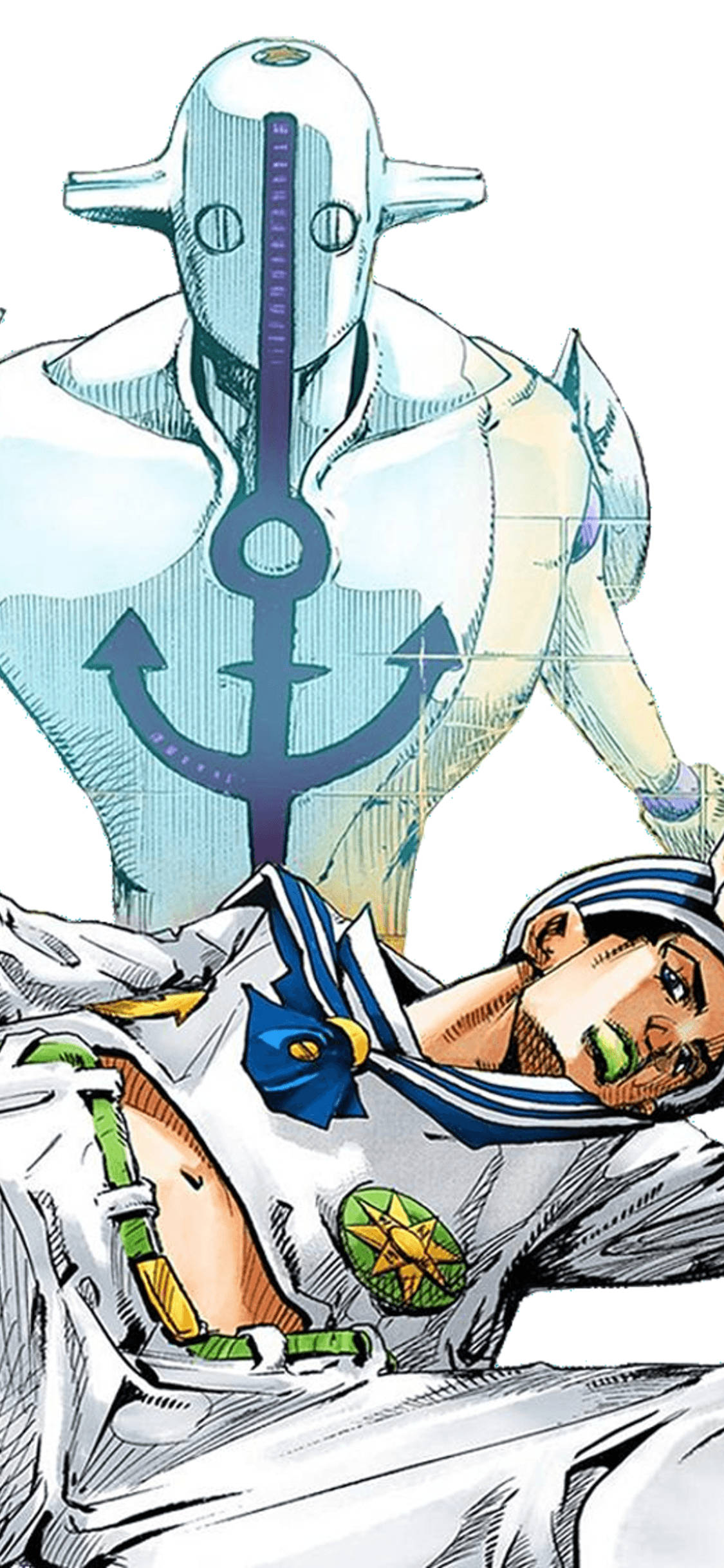Jojo Phone 桌布 壁紙 — 一幅漫畫風格插圖，描繪一名身穿水手服的男子躺下，而一個帶有船錨符號的銀色高大類人生物站在他身後。