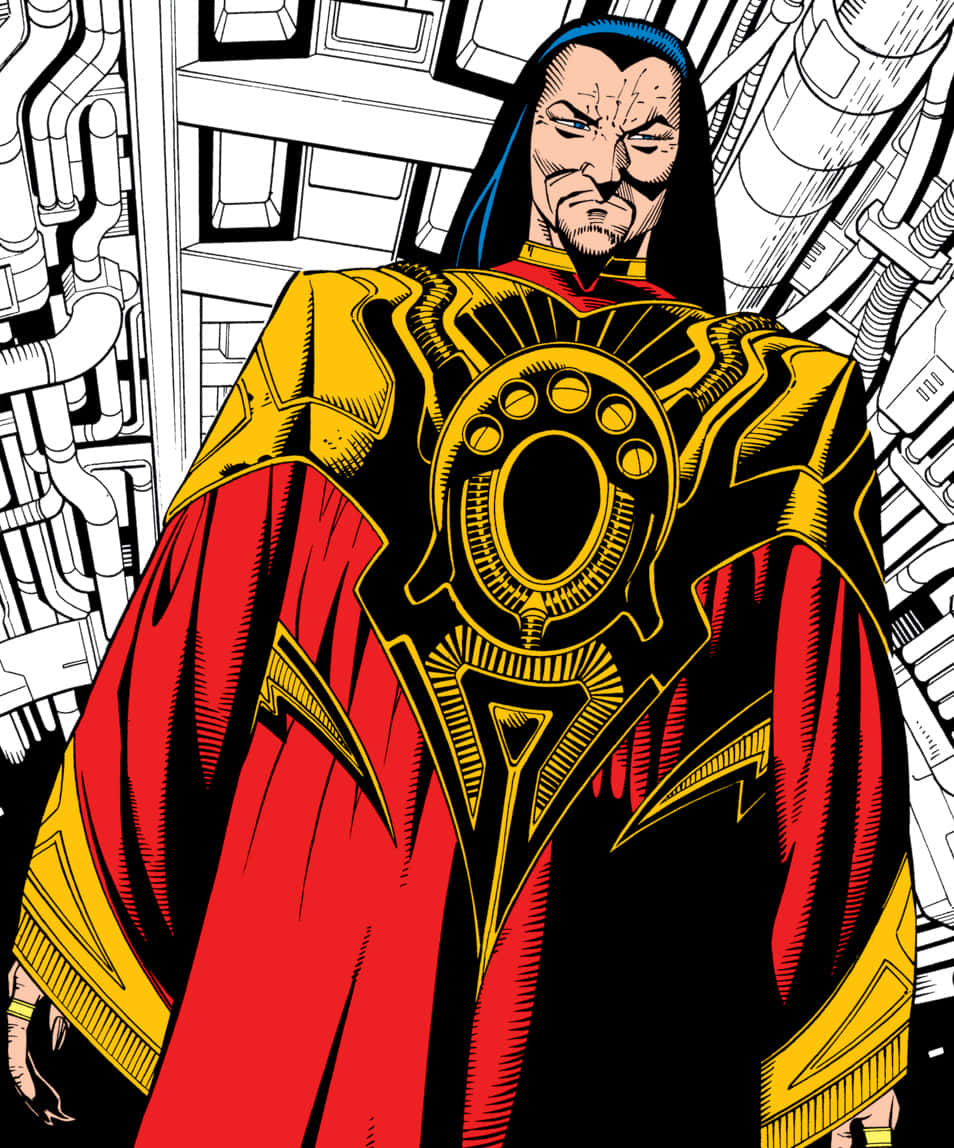 The Mandarin 桌布 壁紙 — 一幅漫畫風格的插圖，描繪一個穿著帶有複雜黑色圖案的紅金色長袍、表情嚴肅的男人，站在機械背景前。