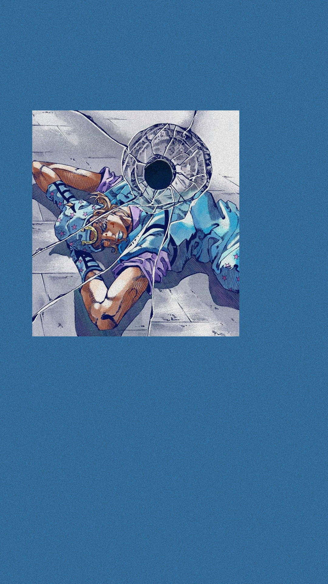 Johnny Joestar 桌布 壁紙 — 一幅漫畫風格的插圖，描繪一個角色躺在石地上，並帶有碎裂玻璃效果覆蓋場景。
