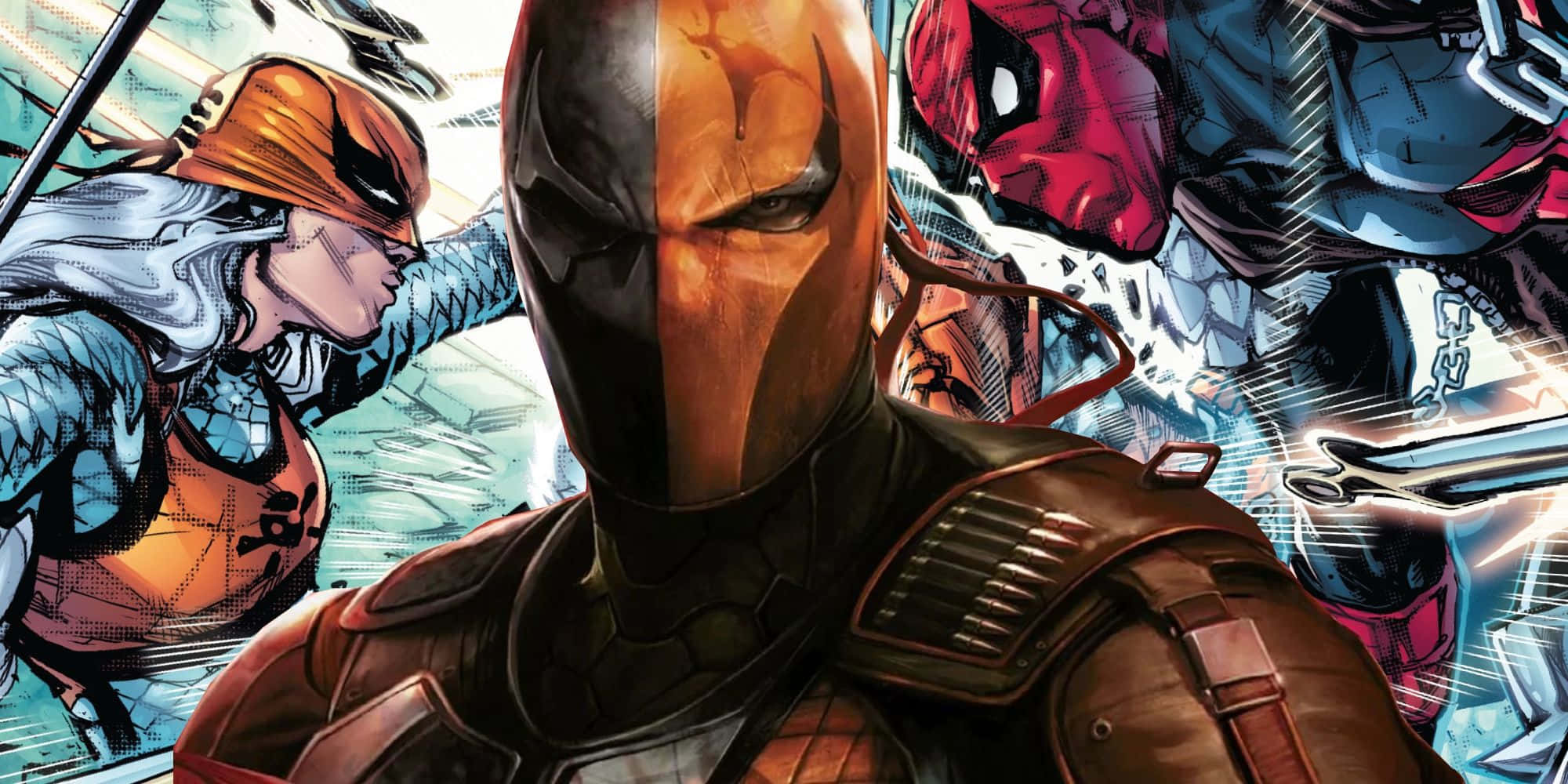 Deathstroke 桌布 壁紙 — 一幅漫畫風格的插圖，描繪身穿盔甲的喪鐘在動態動作場景中與多位超級英雄對峙。