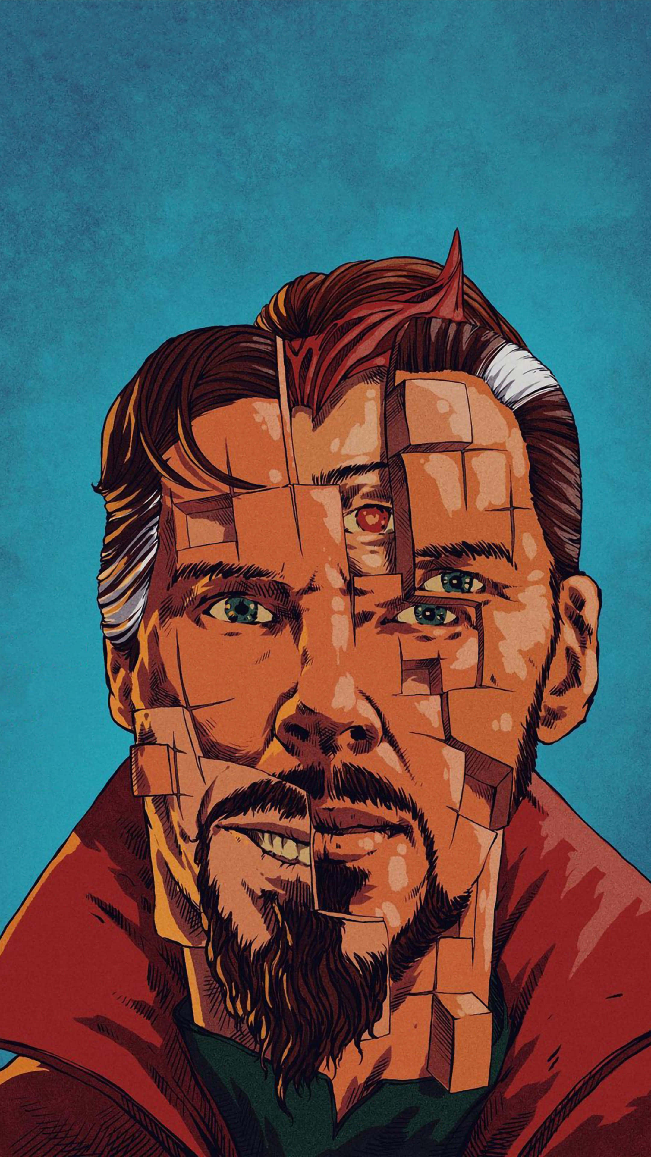 Doctor Strange Multiverse Of Madness 桌布 壁紙 — 一幅漫畫風格肖像，一名男子臉部碎裂，在幾何方塊後露出一隻紅眼睛，背景為青綠色。