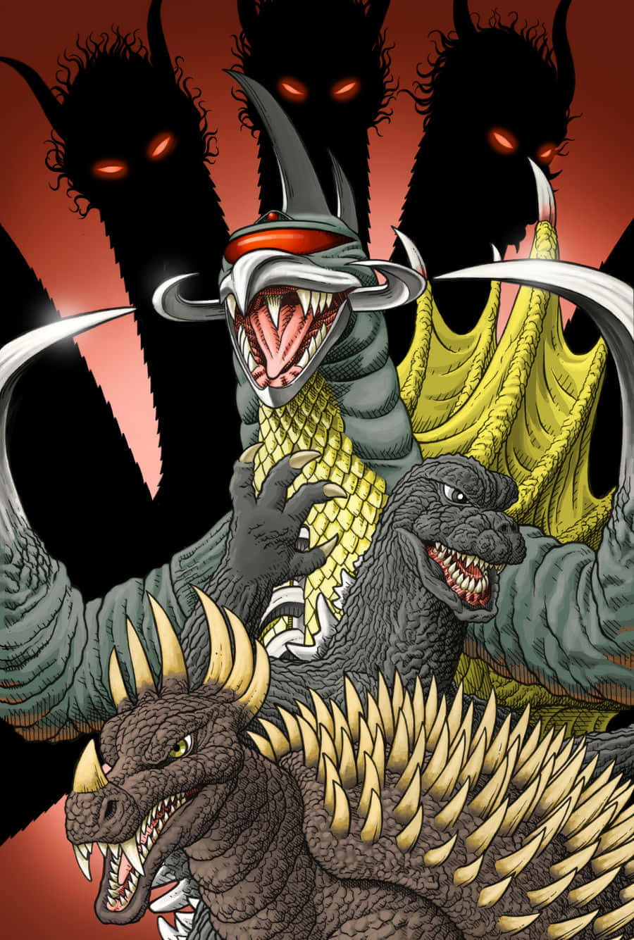 Godzilla Vs Gigan 桌布 壁紙 — 一幅激烈的插畫戰鬥場景，描繪哥吉拉與三隻帶有紅色發光眼睛的威脅性黑色龍形怪物，背景是火紅色的。