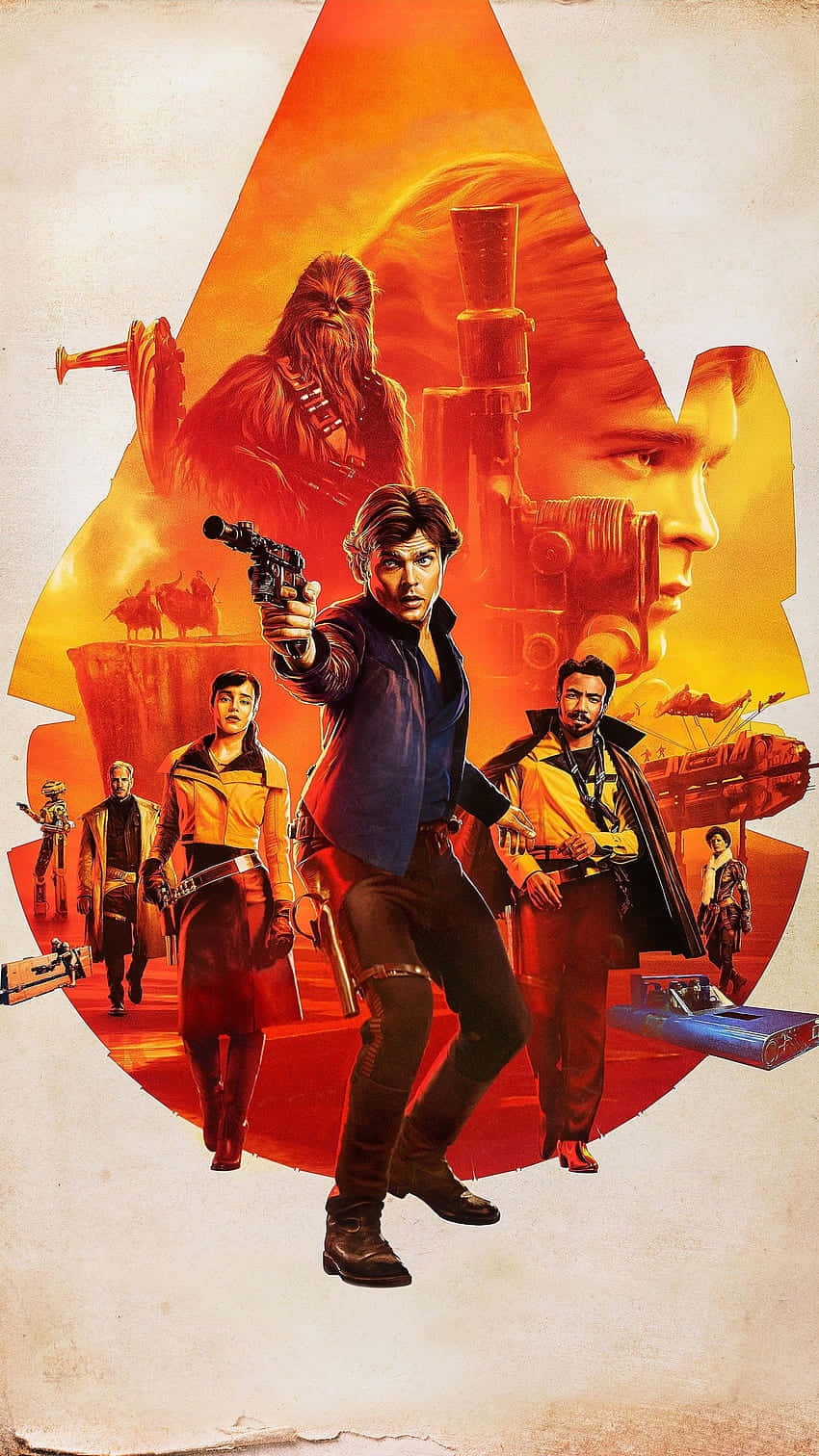 Solo A Star Wars Story 桌布 壁紙 — 一幅火熱橙紅色的插畫海報，描繪韓索羅舉起爆能槍瞄準，與丘巴卡及其他星際大戰角色在動感科幻構圖中。